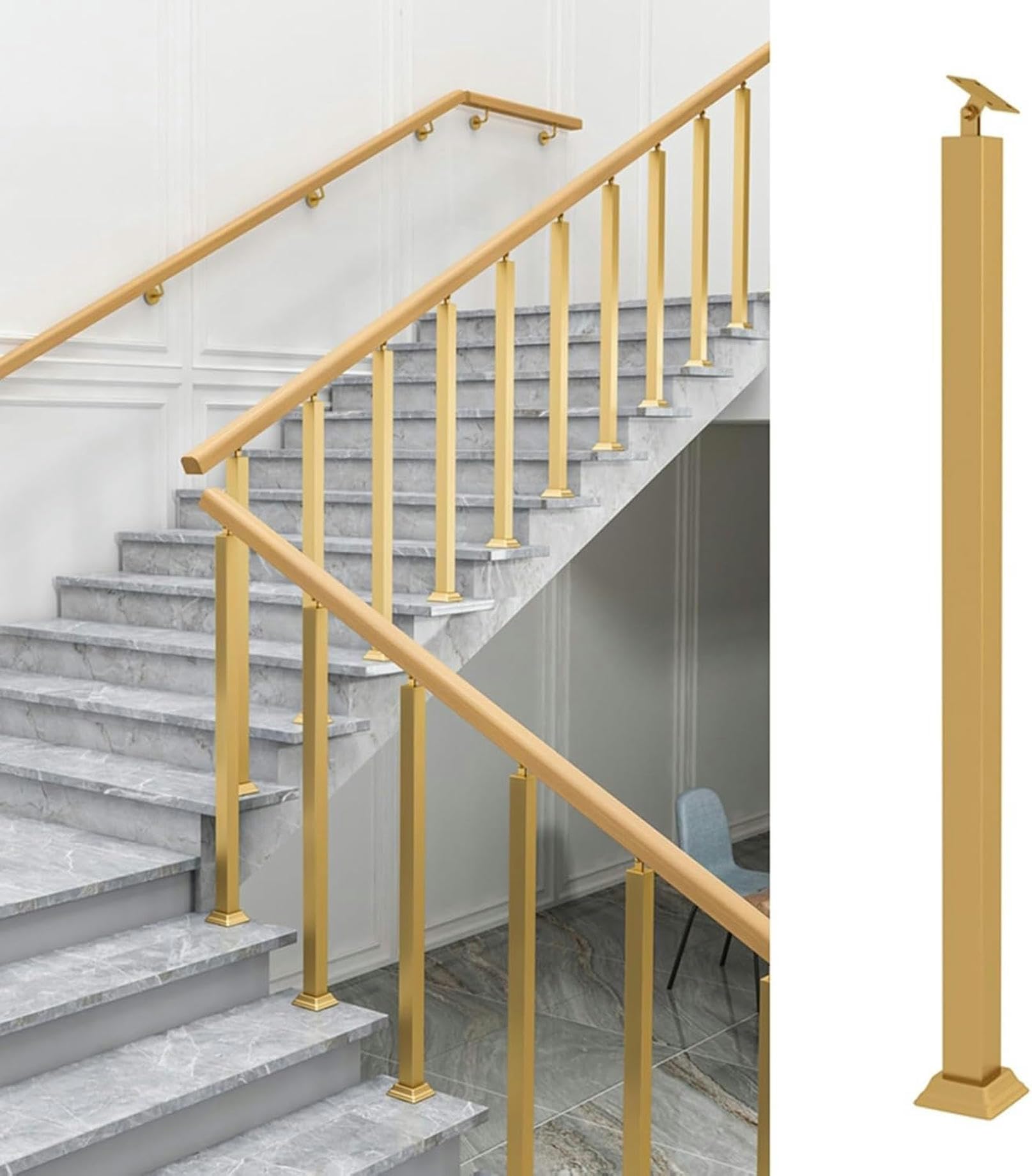 Lgeoelias Gold Interior Staircase Baluster Metal Railing Spindles For Deck Porch Fence Steps, Square Stairs Banister Post Kit With Base Cover & Screws