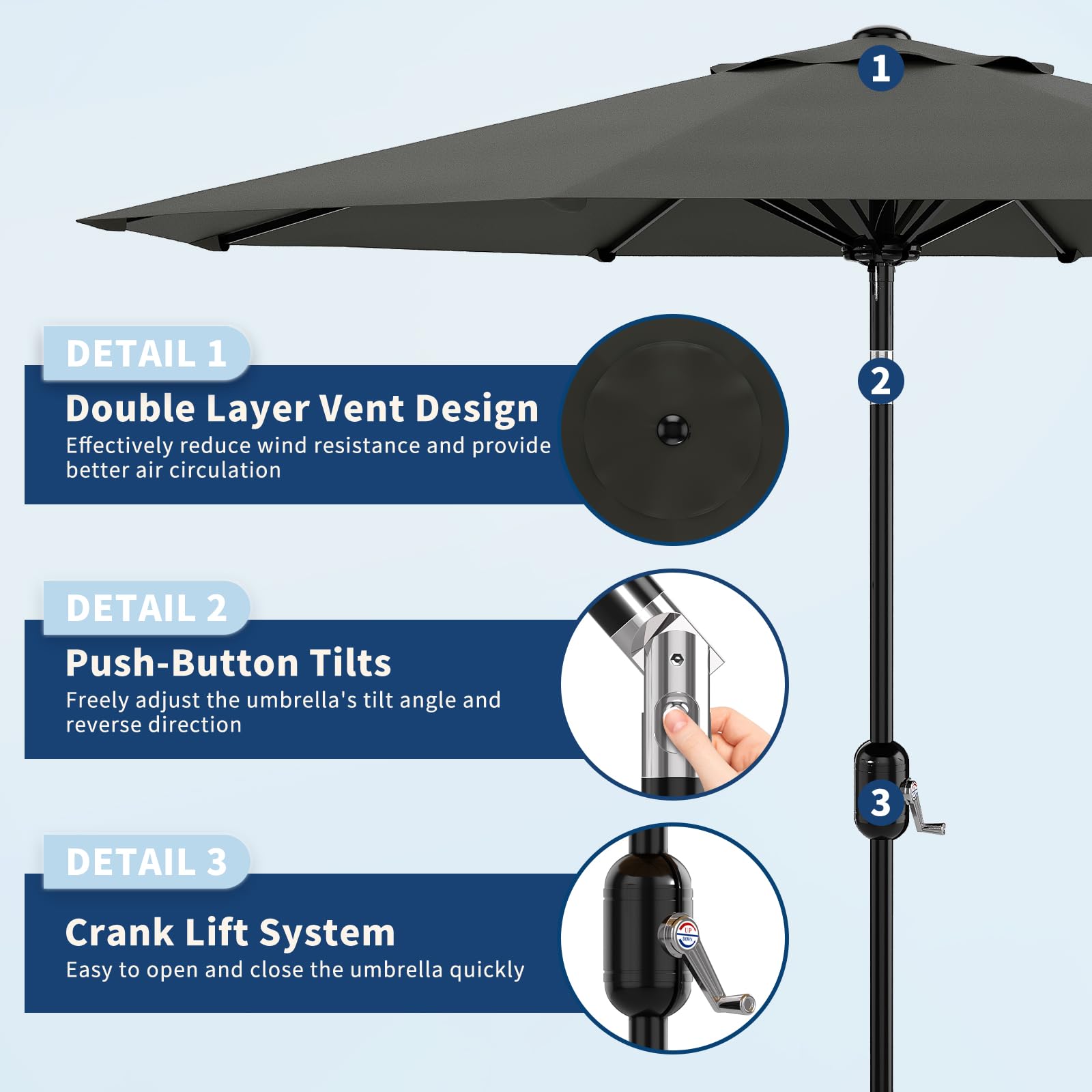 Aptliton 2.7m Garden Parasol Umbrella with Cover, 9ft Patio Umbrella with Crank & Tilt, UPF 50+ Waterproof Sun Shade, Polyester, 8 Ribs, for Outdoor Garden Patio Backyard, Grey — view 5