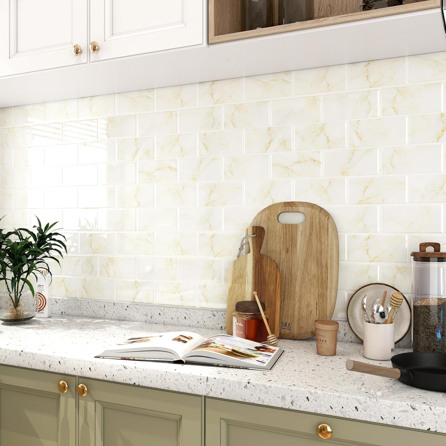 FunStick 30 Pcs Peel and Stick Subway Tile Backsplash White and Gold Marble Sticky Wall Tile Stickers for Kitchen Backsplash Tiles Peel and Stick Back Splash for Bathroom RV Renter Friendly 3D 12"x12"