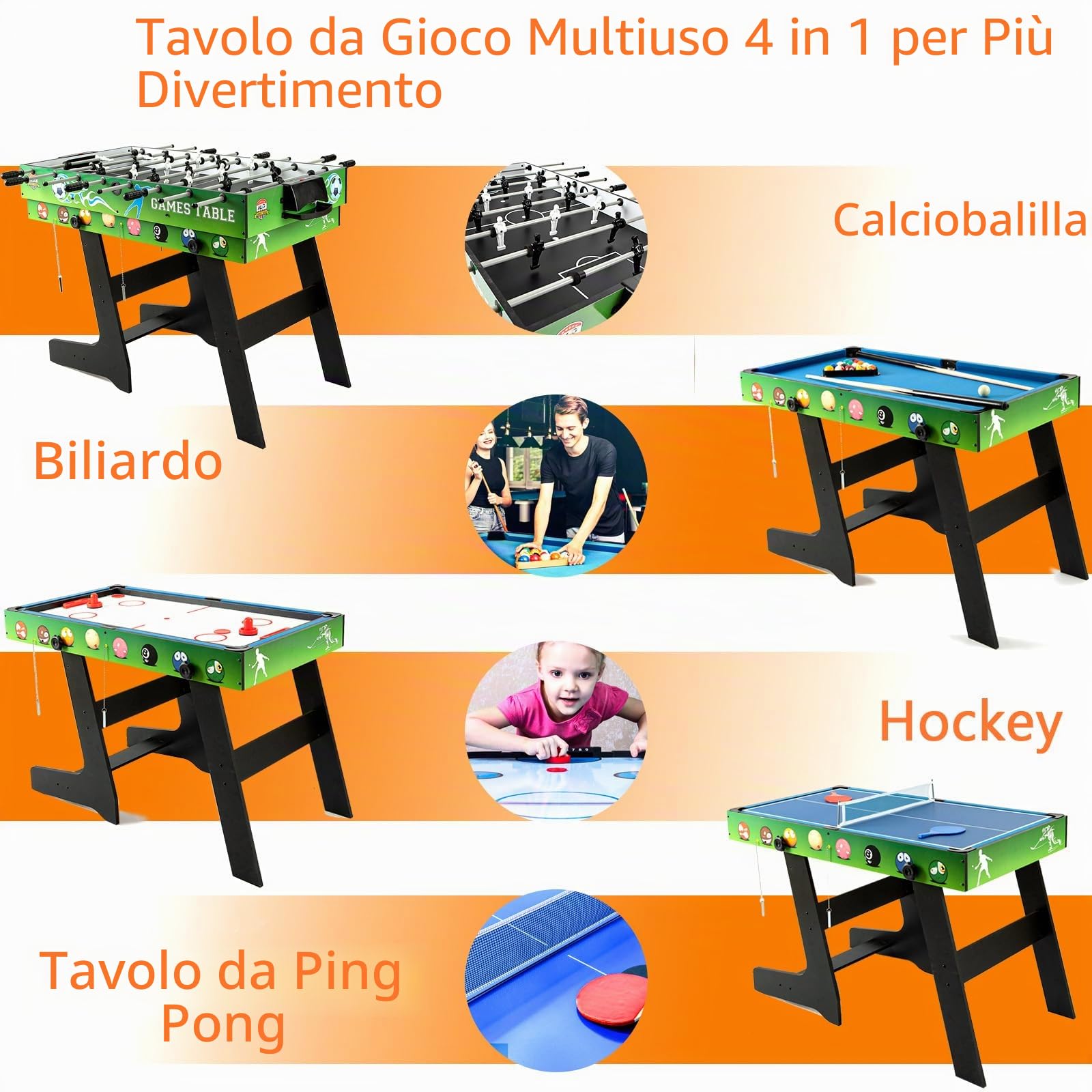 Tavolo multigioco 4 in 1 - Calcio balilla da 1,2 m/Air Hockey/Ping Pong con Accessori/Biliardo Pieghevole - Ideale per una serata di giochi in famiglia al chiuso (103 x 58 x 73 cm).