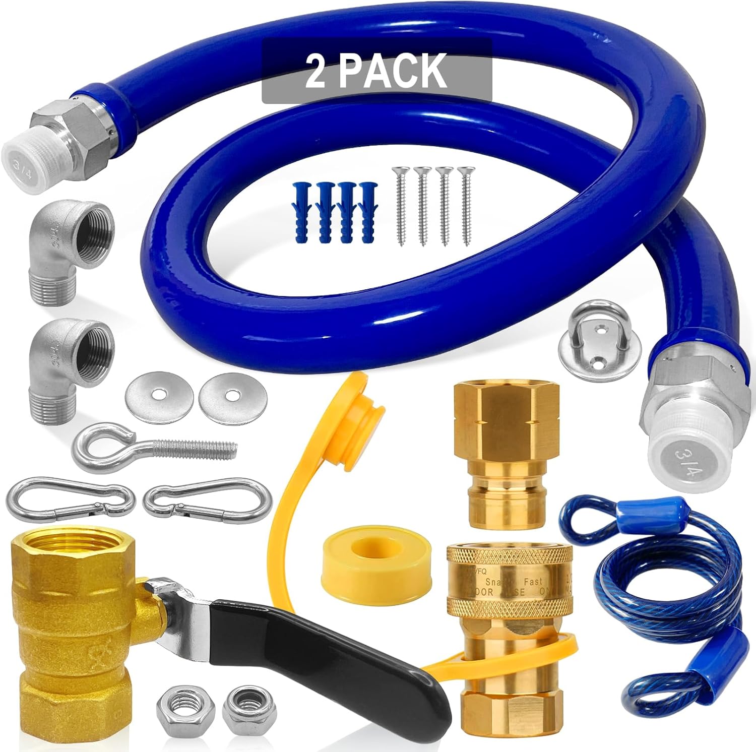 2Pack 1675kit48 Safety System Kit, 48" Mobile Gas Hose Connector Kit with Full Port 3/4" Quick Disconnect,3/4 Gas Flex Line,Elbows Gas Valve Restraining Device Etc,for Commercial Kitchen Equipment.