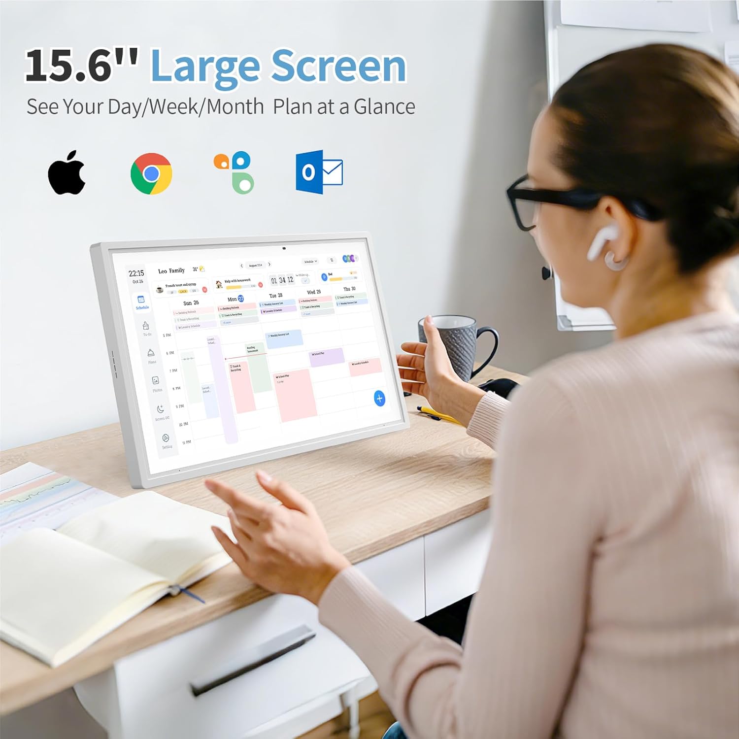 Digital Calendar,15.6 Inch Electronic Calendar Wall Planner with Chore Chart & Meal Planner, Wall& Desk Mountable, No Subscription, 32 GB Smart Touchscreen Interactive Display for Family Shedules