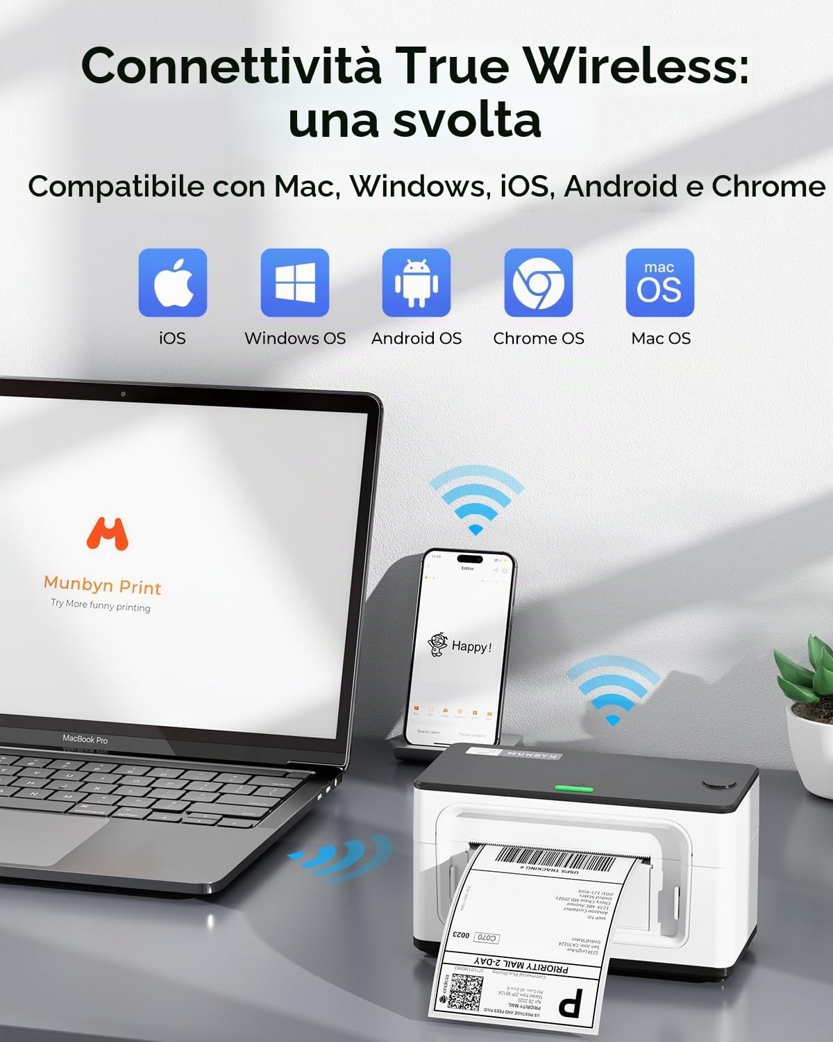 MUNBYN AirPrint Stampante per etichette Wi-Fi Stampante per etichette di spedizione WLAN 4x6 Etichette Stampante termica per Amazon/Shopify/DHL/DPD/Hermes/UPS/FedEx/GLS, 941AP Bianco