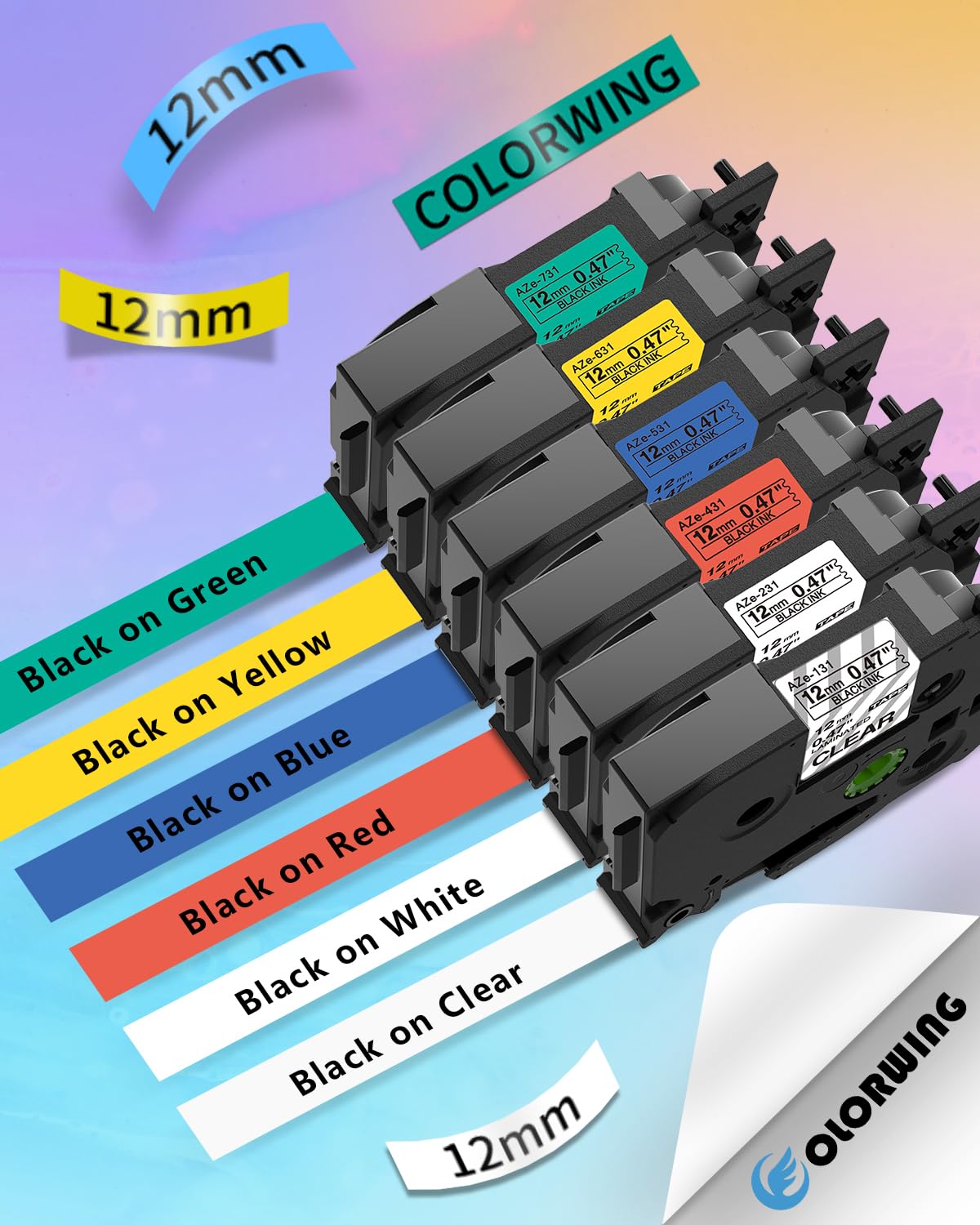 COLORWING Pasująca taśma do etykiet Brother 12 mm 0,47 TZe-131 TZe-231 TZe-431 TZe-531 TZe-631 TZe-731 taśmy do urządzeń Brother P-Touch 1000 H101C PT-1010 GL-H105 PT-H110 etykiety 6