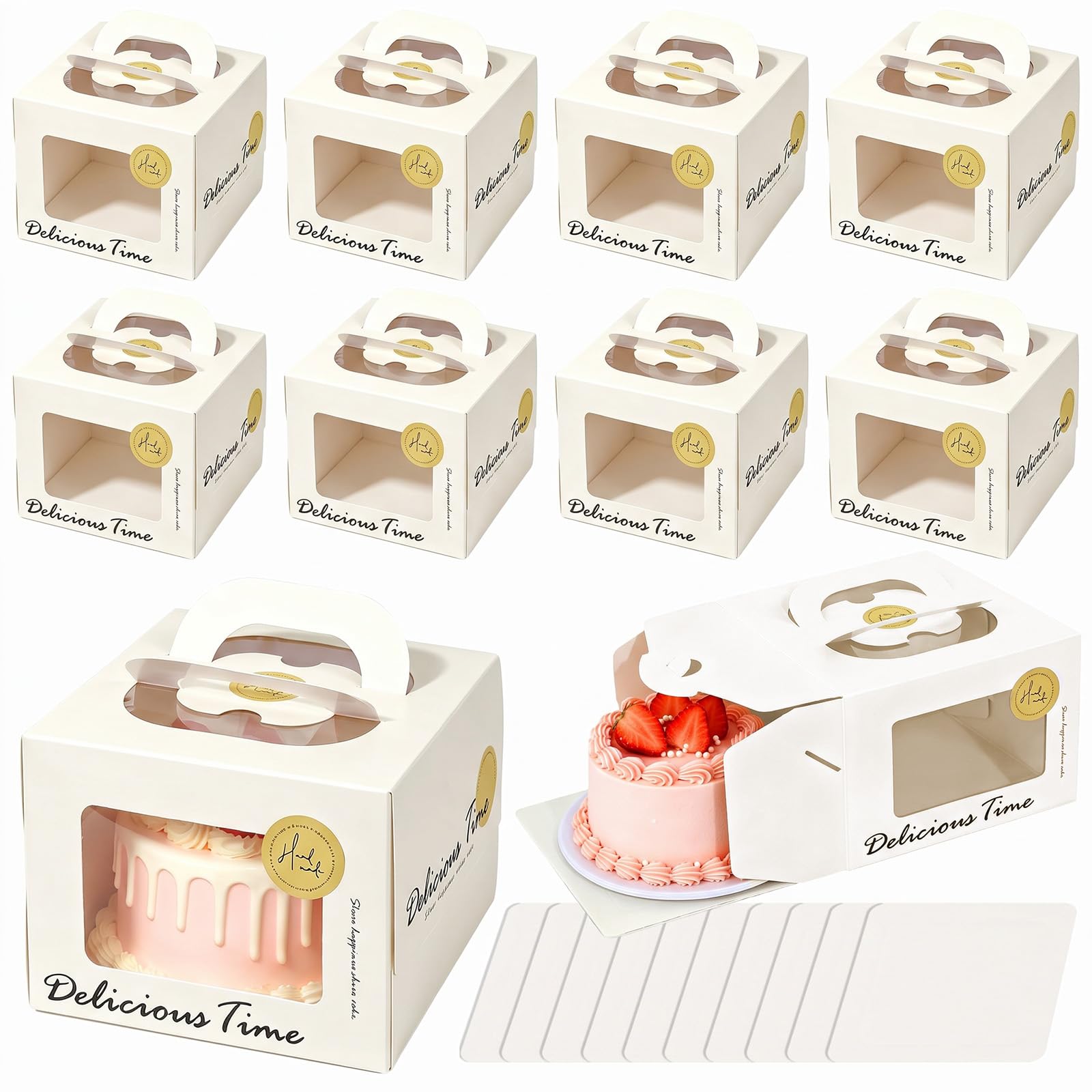 10PCS White Cake Boxes Carrier with Window, 16x16x12cm Square Paper Bakery Boxes with Handle & Base, Cake Holder Display Box Bakery Packaging Box for Birthday WeddingParty Baby Shower (Delicious time)