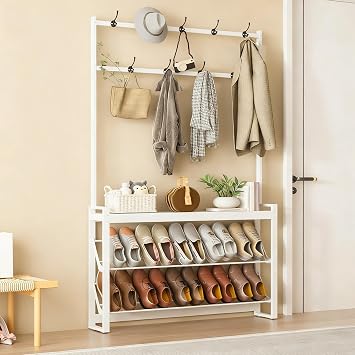Narrow Shoe Rack with Coat Rack, Tall Metal Shoes Storage Organizer with 2 Slanted Shelves & 9 Metal Hooks, Hall Tree Entryway, for Home Office Bedroom Mudroom Living RoomWhite,100x17x170cm