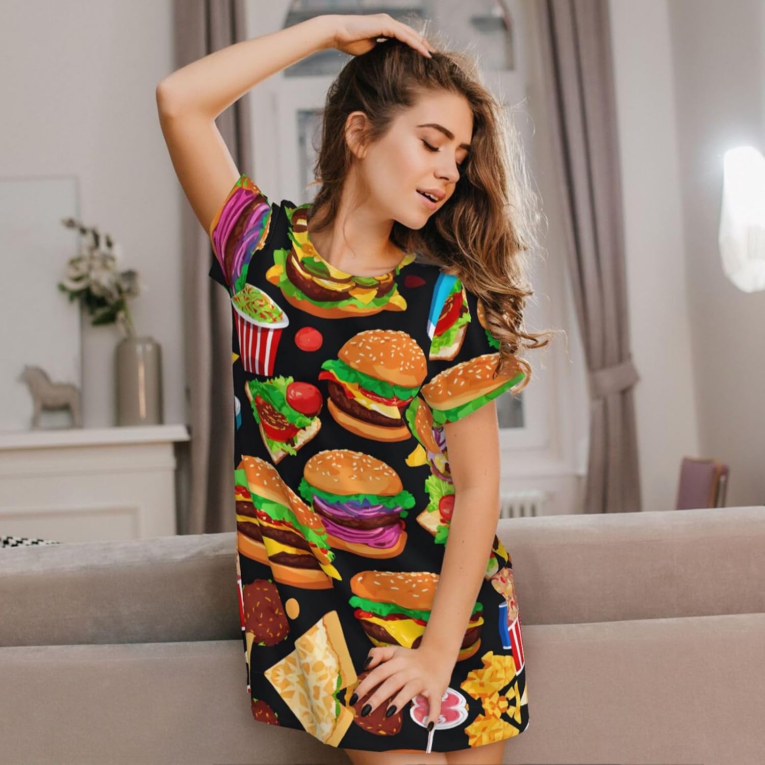 Casual Food Pattern Funny Print Women S Short Sleeve Sleepwear,Soft Nightgown Comfy Sleepshirt For Ladies, Casual Loose Dress