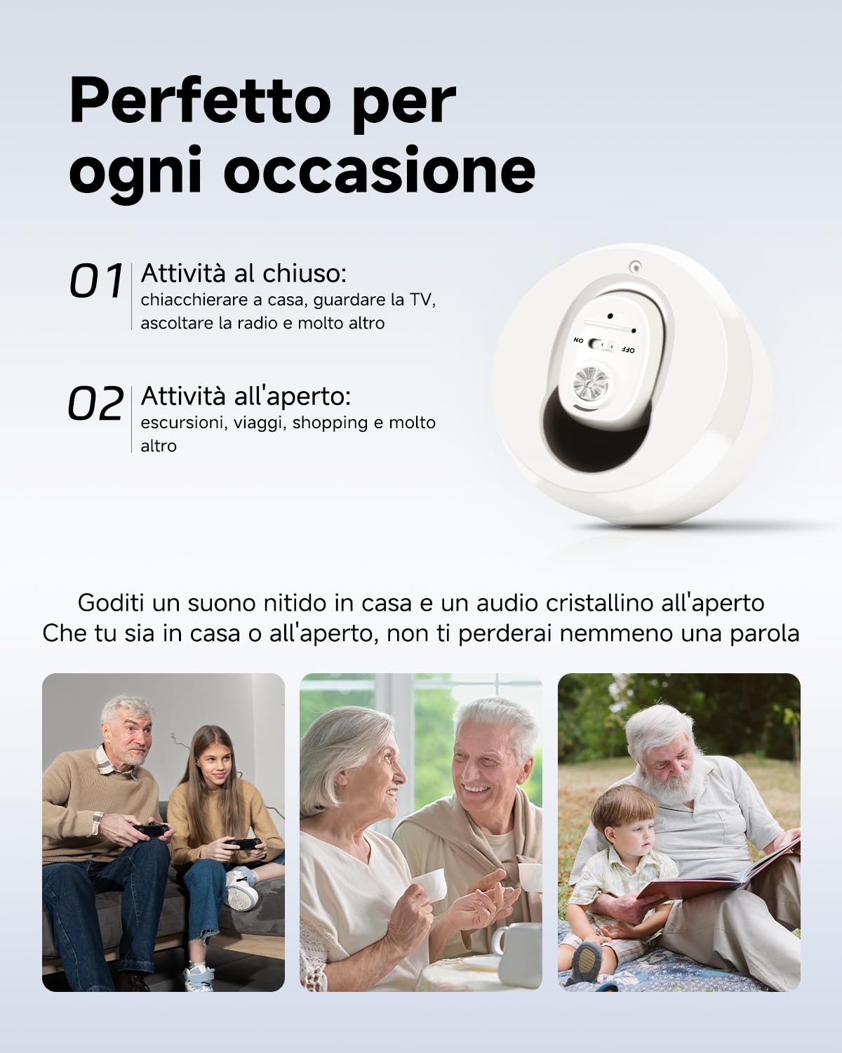 Britzgo Amplificatore Acustico VHP-1607 con Riduzione Intelligente del Rumore, Custodia di Ricarica Portatile, Design Ergonomico a L, Autonomia fino a 48 Ore e Ricarica USB (Bianco)