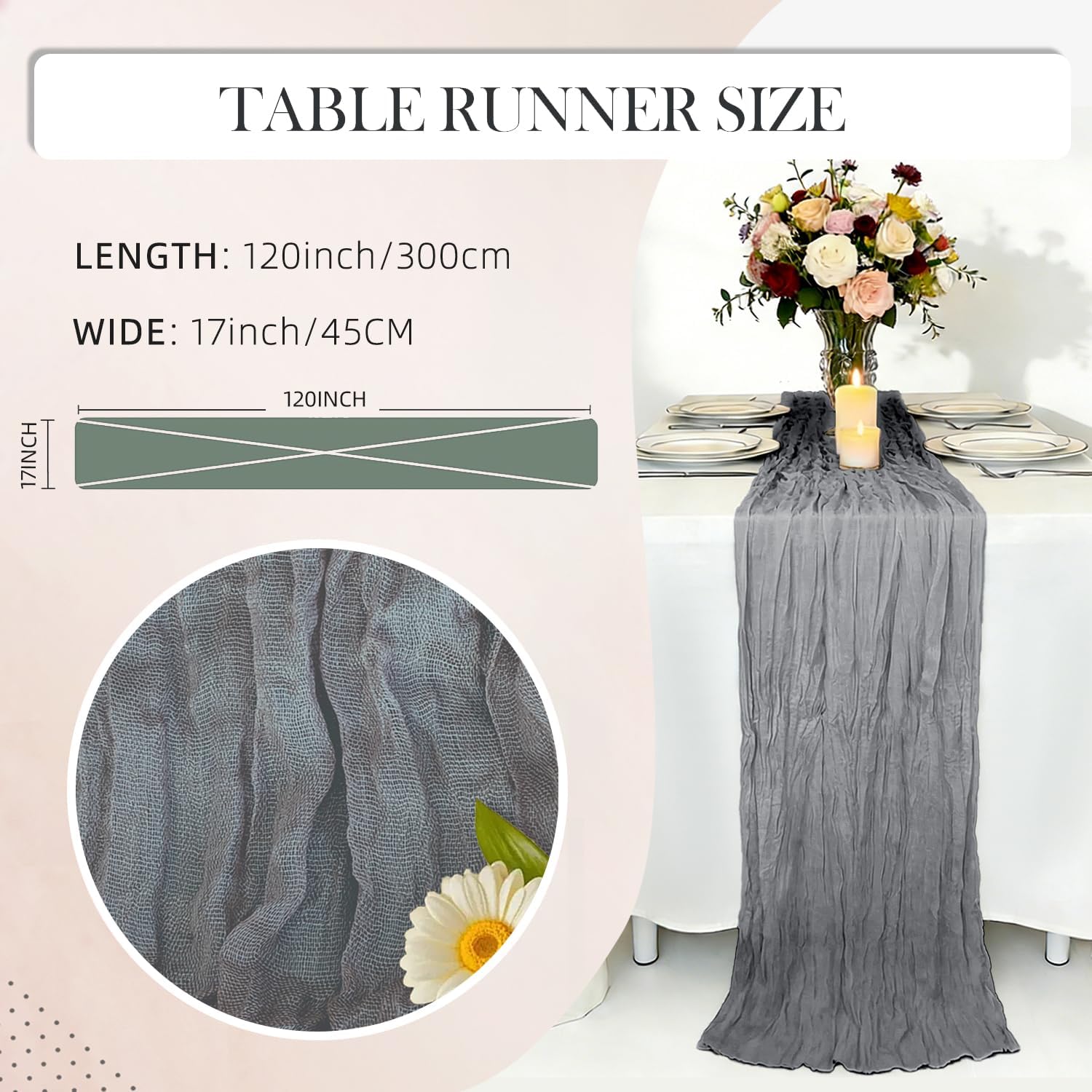 10 Pack Grey Cheesecloth Table Runner 17×120 Inch Gauze 10 FT Long Cheese Cloth Table Runners for Bridal Wedding Party Baby Shower Holiday Birthday Home Easter Decor