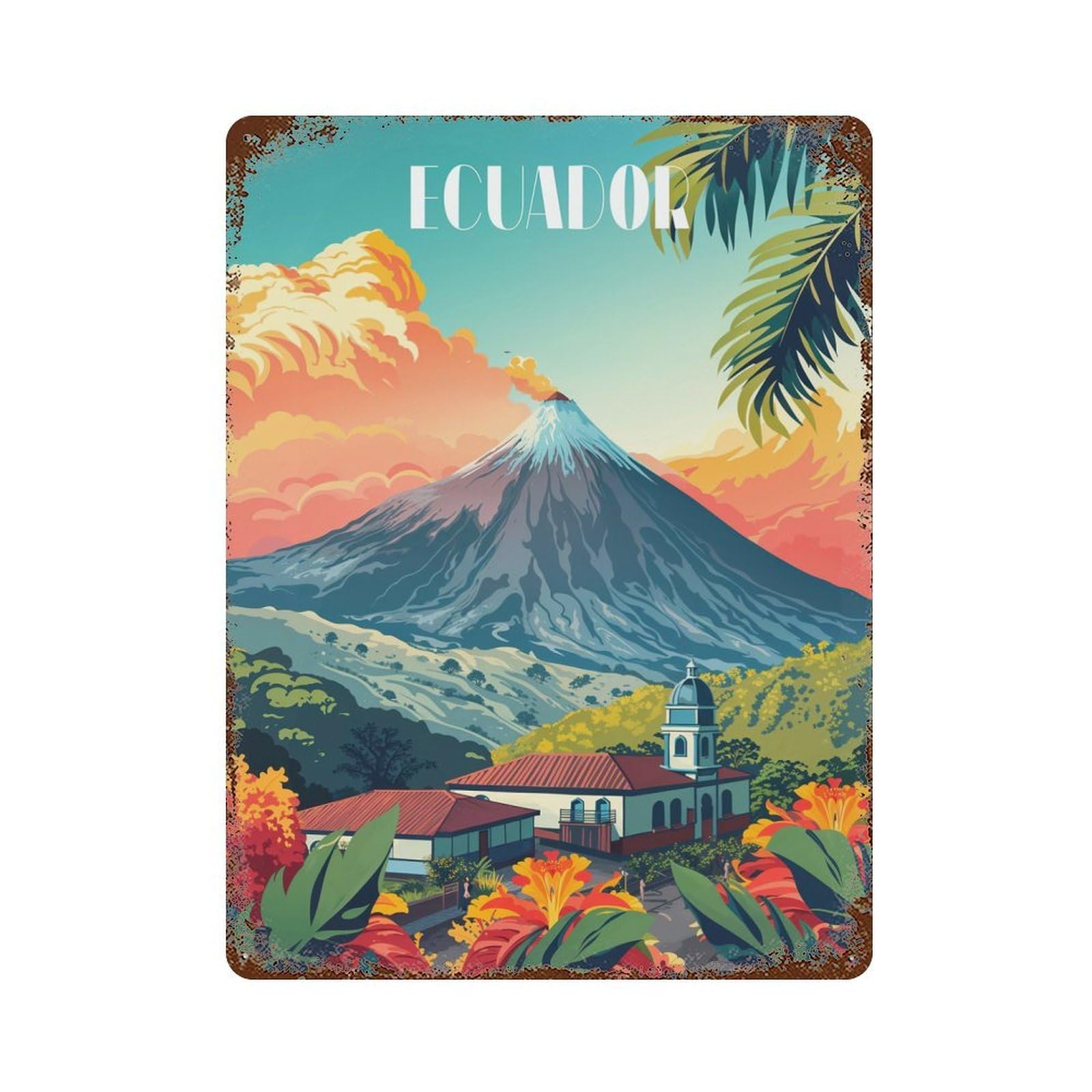 Volcano in Ecuador Rust Effect Tin Sign 15.7"x11.8", Ideal for Garage, Bar And Workshop Decor