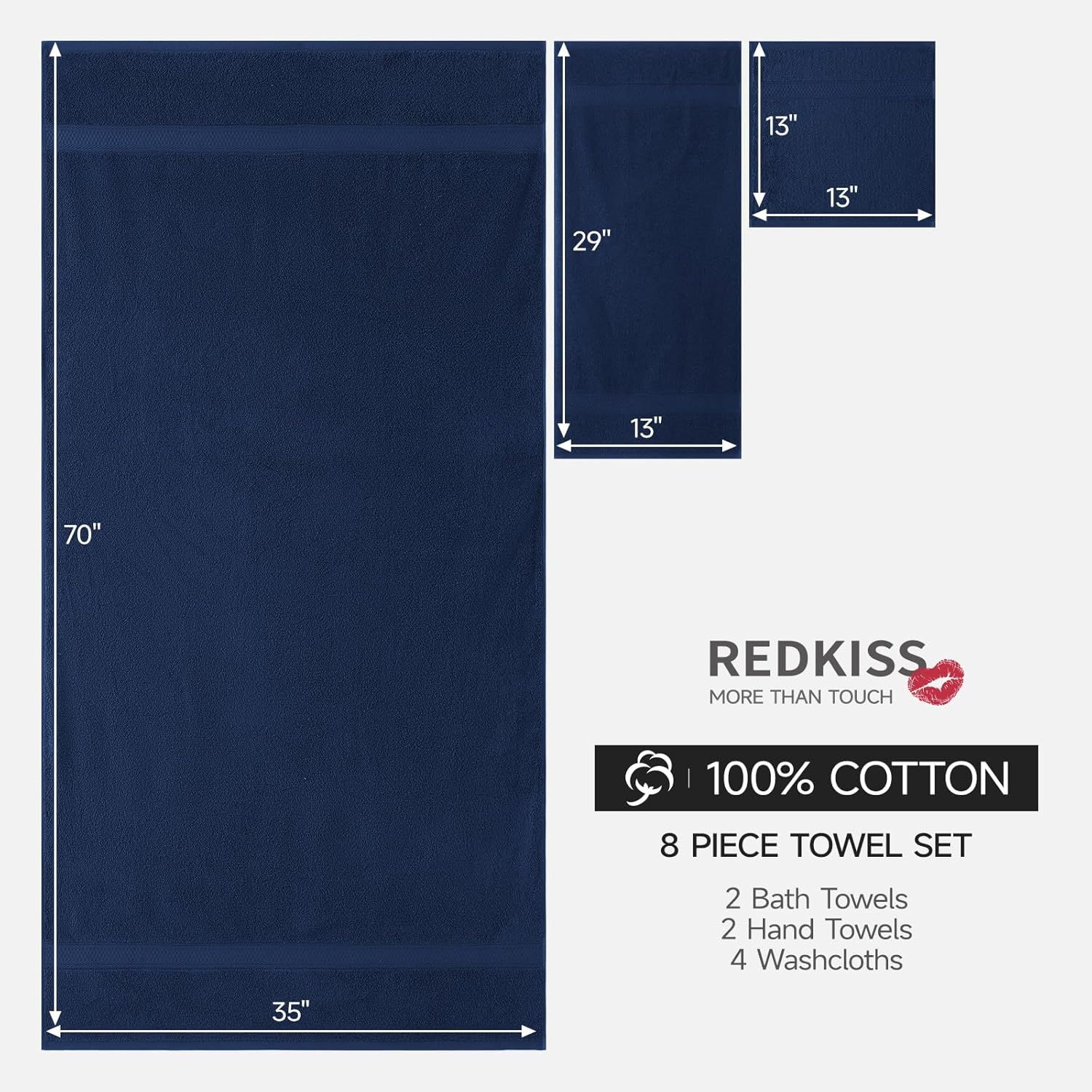REDKISS Towels 8 Piece Luxury Bath Towel Set, 2 Bath Sheets (35x70 in), 2 Hand Towels, 4 Washcloths, 100% Cotton Super Absorbent & Quick-Dry Shower Towels for Bathroom Spa Gym Hotel Yoga - Blue
