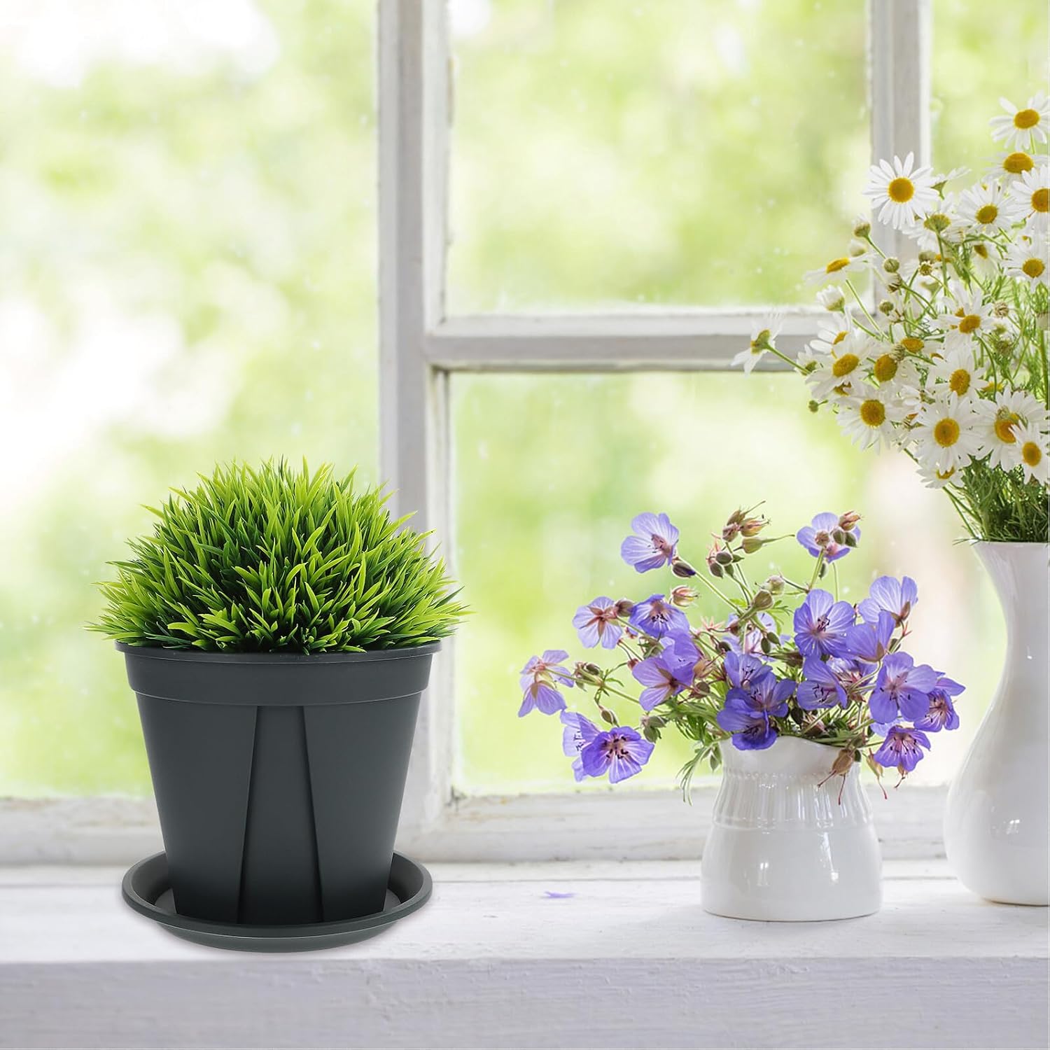 Thickened Plastic Plant Nursery Pots with Drainage Tray, 8 Sets Gardening Seedling Containers for Rose and Clematis Cultivation, Breathable Green Planting Cups for Indoor