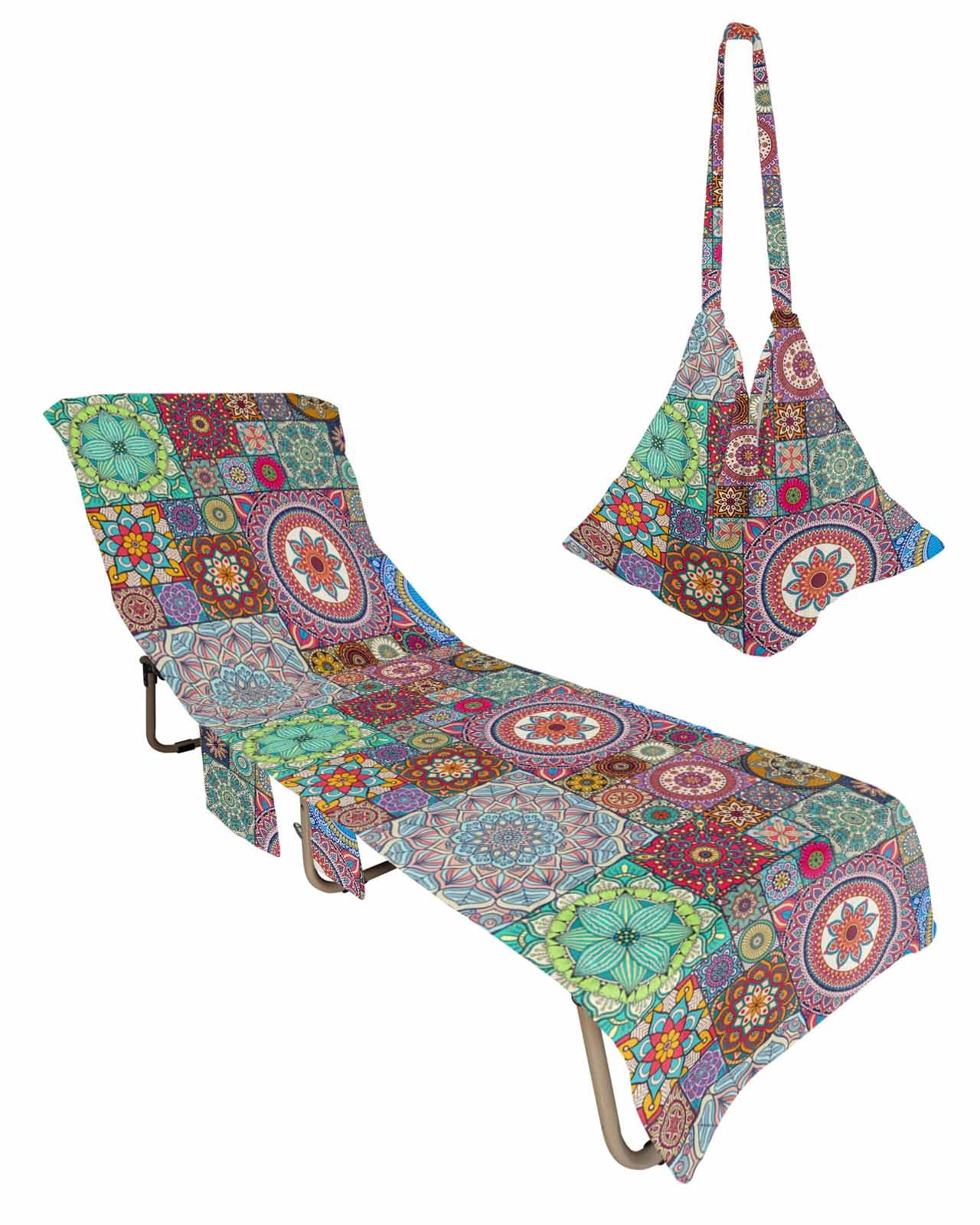 Abstract Ethnic Flower Beach Chair Towel Covers for Chaise Lounge with Side Pocket, Soft Plush Pool Towels Cover for Patio Sunbathing Outdoor Ethnic Colorful Bohemia Mandala 29''x85''