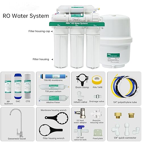 Miniatura 7 de Sistema de filtro de agua de ósmosis inversa, 75GPD 6 etapas debajo del fregadero ósmosis inversa RO Beber Home Sistema de filtro de agua