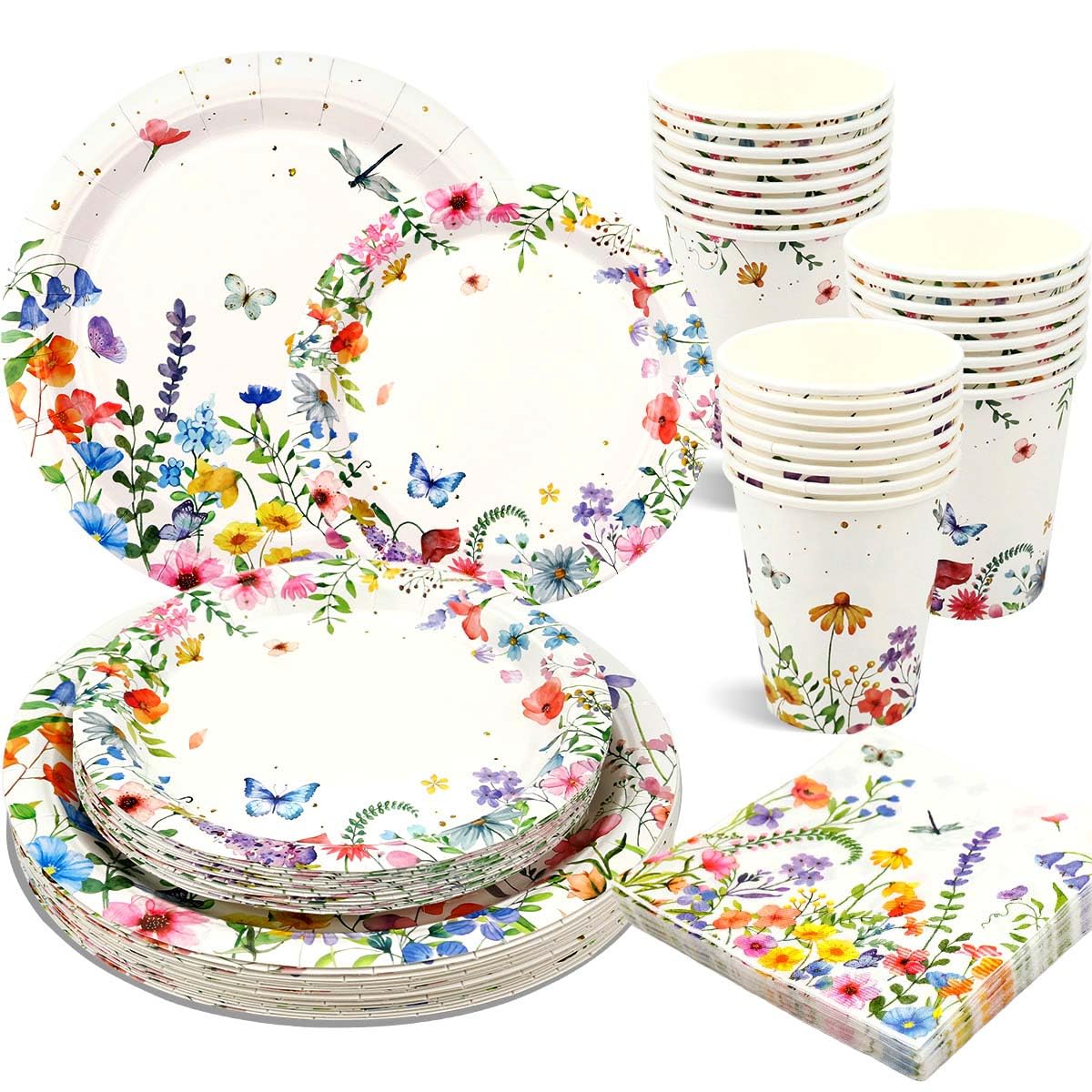 100 Pcs Spring Wildflower Party Decorations Wildflower Baby Shower Decorations Tableware Includes Plates Napkins Cups for Spring Summer Picnic Wedding Birthday Tea Party Serves 25