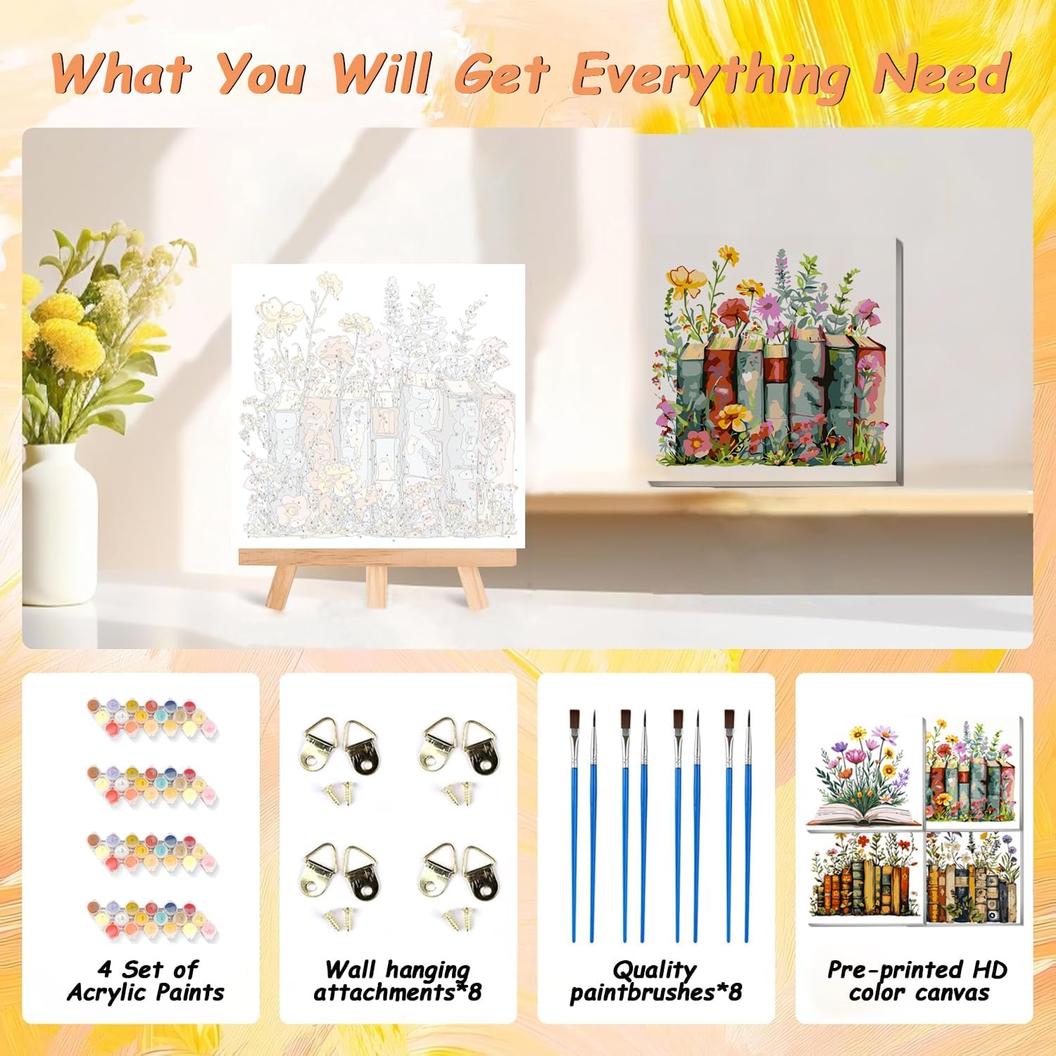 AREOPNMG 4 Pack Book Paint by Numbers Kit for Adults Beginner,DIY Easy Flower Painting by Numbers Kits,with Brushes and Acrylic Paint(with Frame),Home Wall Decor 10 x 10 in