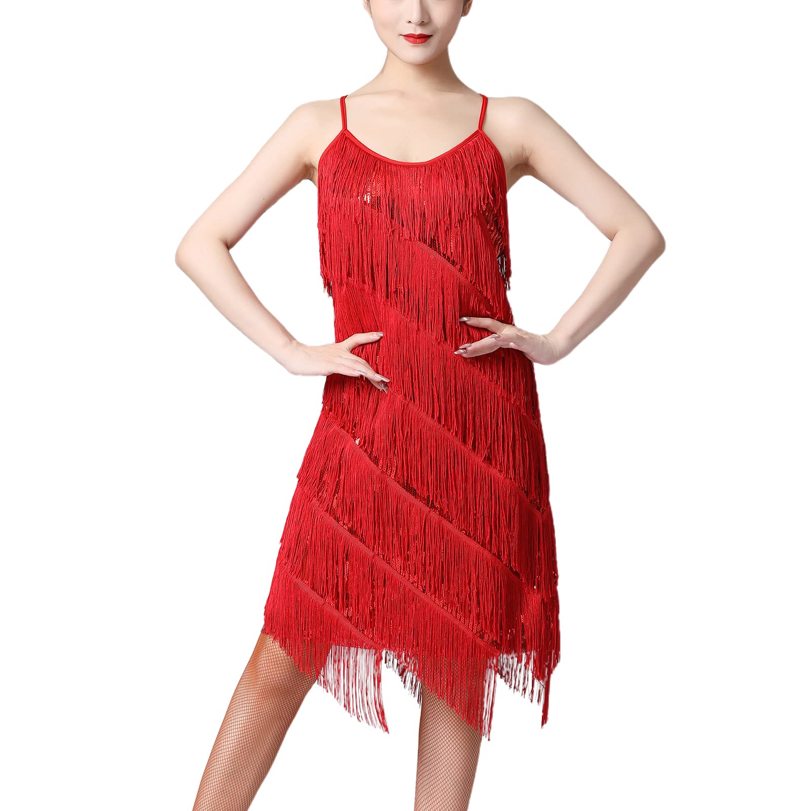 ODASDO Latein-Tanzkleid für Damen, Erwachsene, glänzende Pailletten, Quasten, Spaghettiträger, Salsa, Tango, Ballsaal, Kostüm, Tanzkleidung