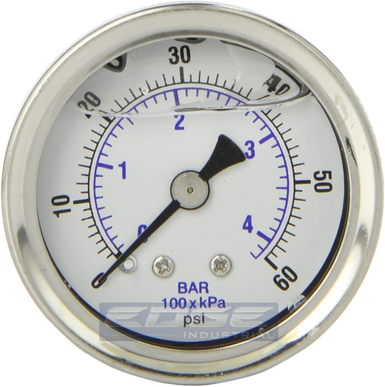 GAUGE Stainless Steel Liquid Filled Pressure, Back Mount 1/8" NPT, 1.5" FACE DIAL, WOG Rated (0-60 PSI)