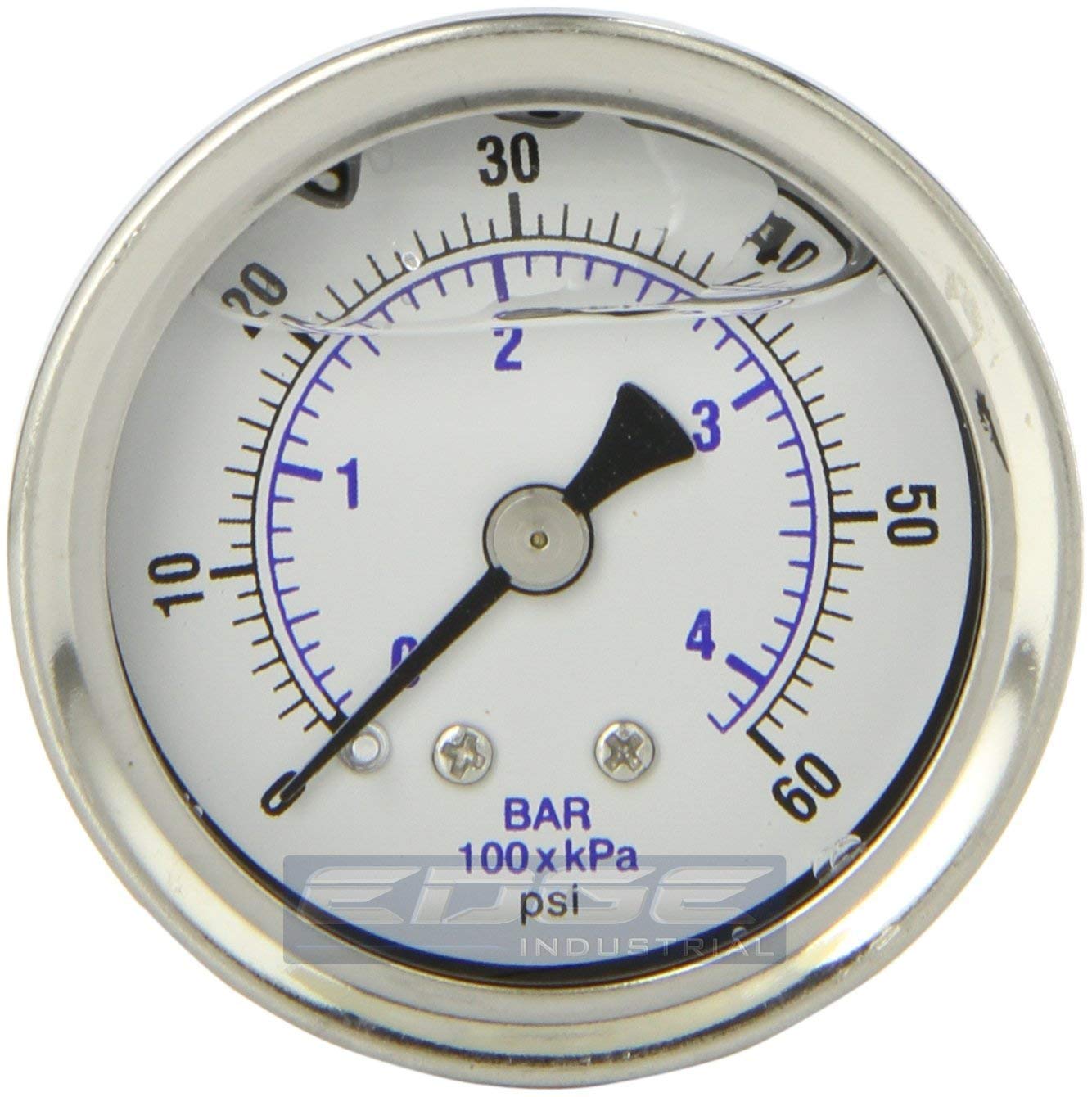 GAUGE Stainless Steel Liquid Filled Pressure, Back Mount 1/8" NPT, 1.5" FACE DIAL, WOG Rated (0-60 PSI)