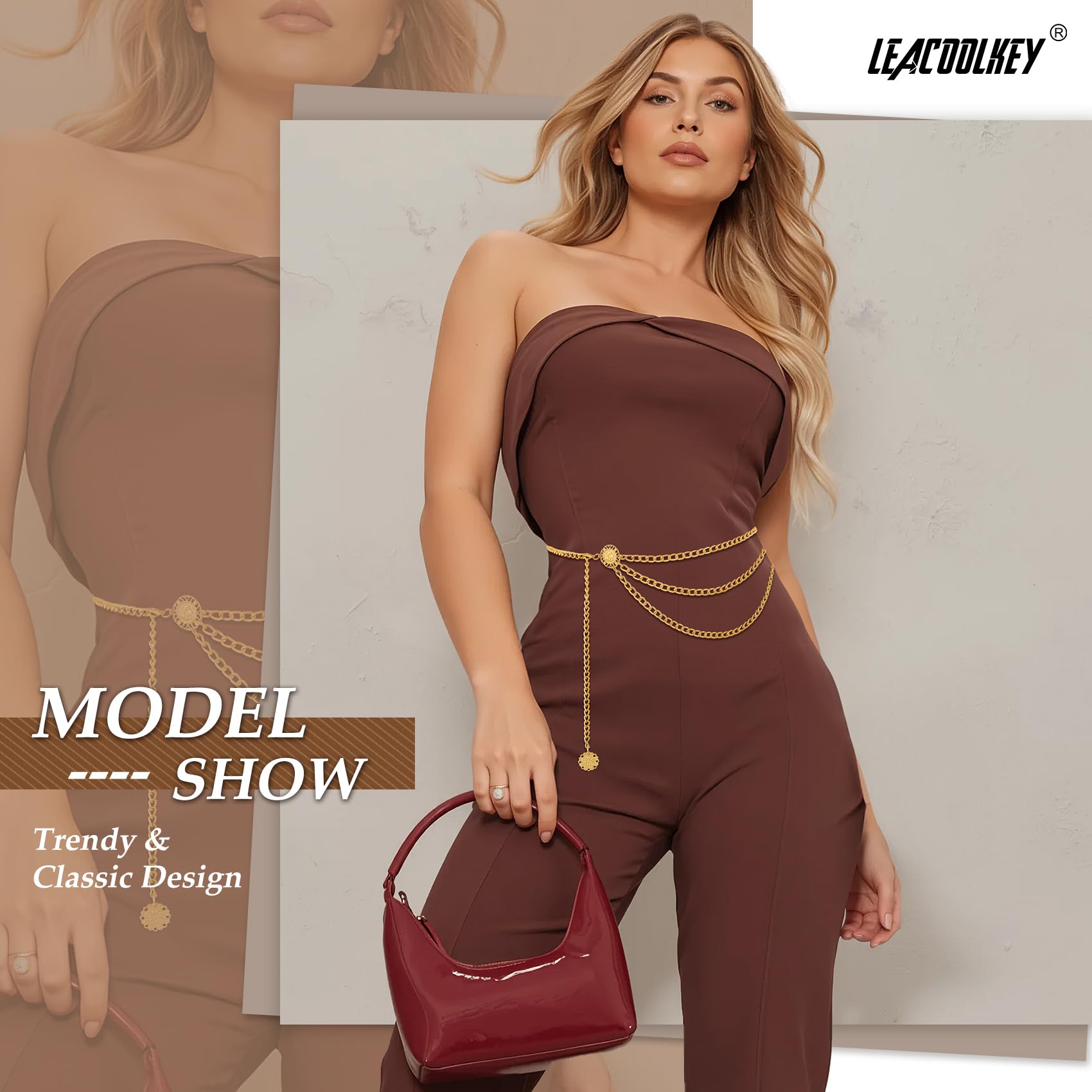 LEACOOLKEY Damen Gürtel Kettengürtel Metall Taillenkette Mehrschichtiger Taillengürtel Gold Hüftkette für Kleider und Jeans