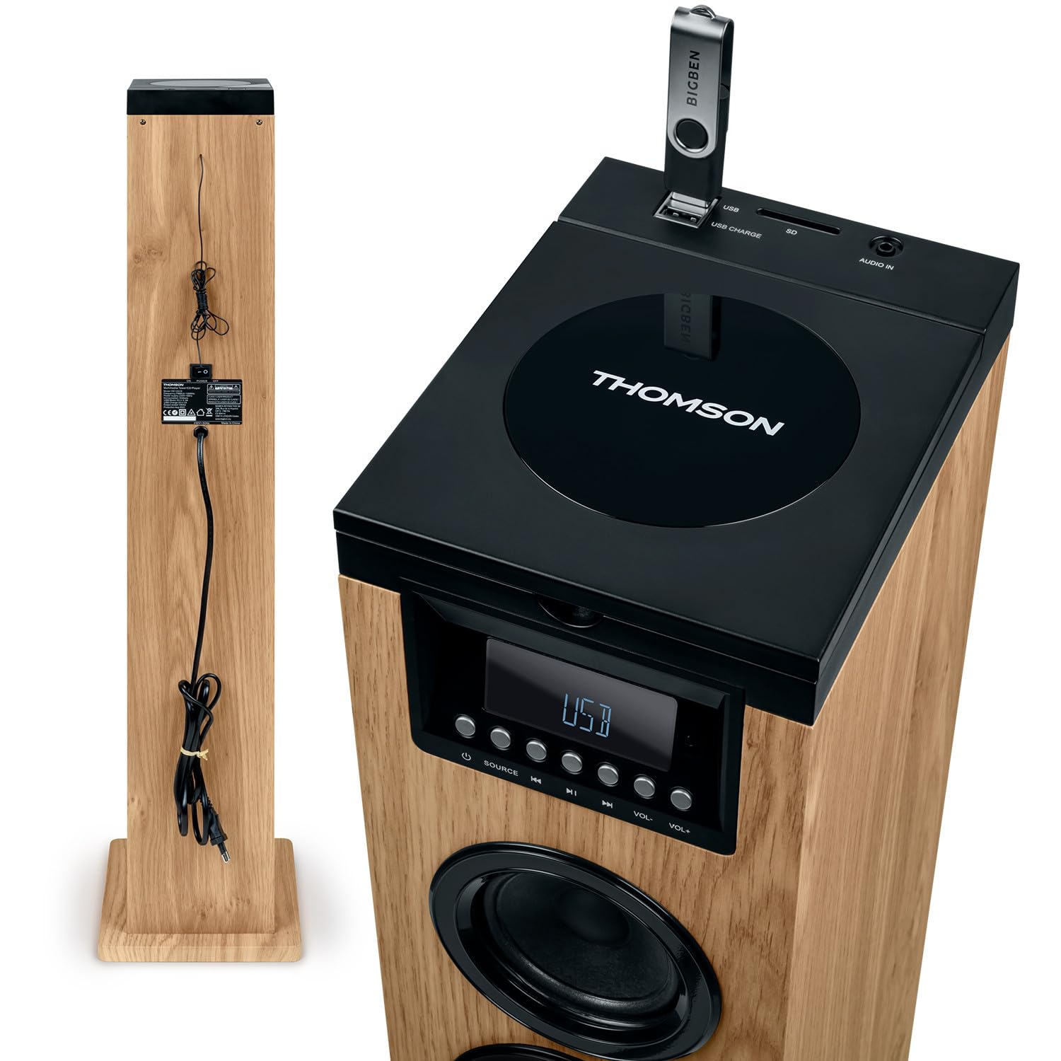 Tour de Son Thomson DS122CD - 60W - HiFi Bluetooth, Lecteur CD, télécommande, AUX in, Radio FM - Bois/Noir, Jeu de lumière LED