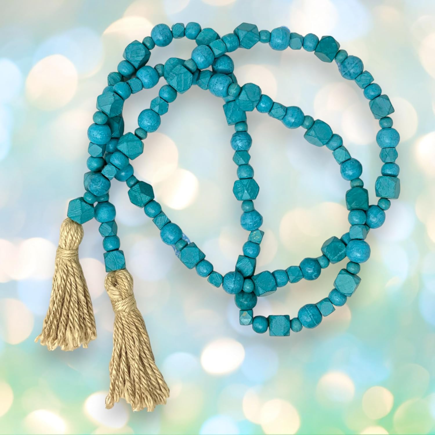 90" Wooden Bead Garland with Jute Tassels - Boho Wedding Garland, Rustic Boho Home Decor, Coffee Table, Mantle Decorations, Farmhouse Decor, Boho Decor (2, Robin's Egg Blue MultiShape)