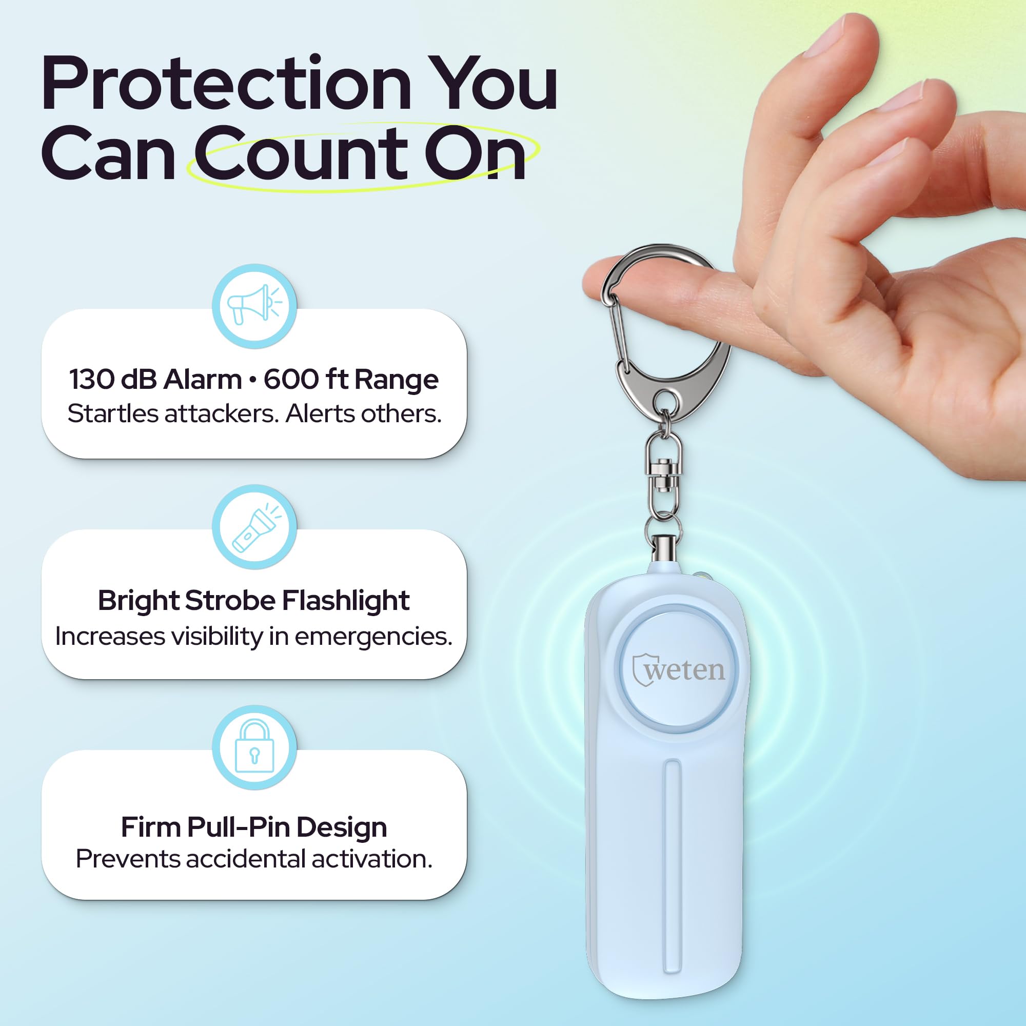 Porte-clés d'alarme de sécurité personnelle WETEN pour femmes – Sirène d'autodéfense puissante de 130 dB avec lumière LED – Sifflet de protection d'urgence par (Bleu)