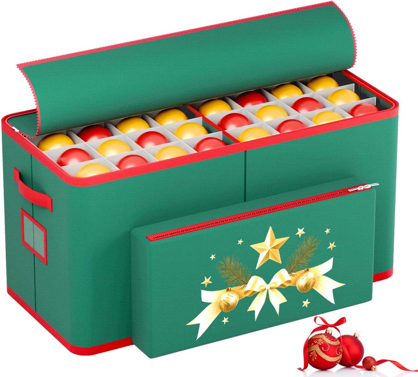MODFUNS Christmas Ornament Storage Box 128 Ornaments Green Christmas Ornament Storage Containers with Adjustable Dividers 600D Oxford Fabric Xmas Storage Box with Zippers and Outter Pocket 128 Ornaments - 3 Inch Green