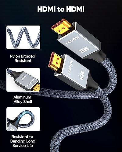 Miniatura 7 de Capshi Cable HDMI de 20 pies 8K 4K a 120Hz 2.1 largo, alta velocidad 48Gbps, 8K 60Hz, 2K240Hz, HDCP 2.2 y 2.3, eARC, HDR, cable trenzado para UHD
