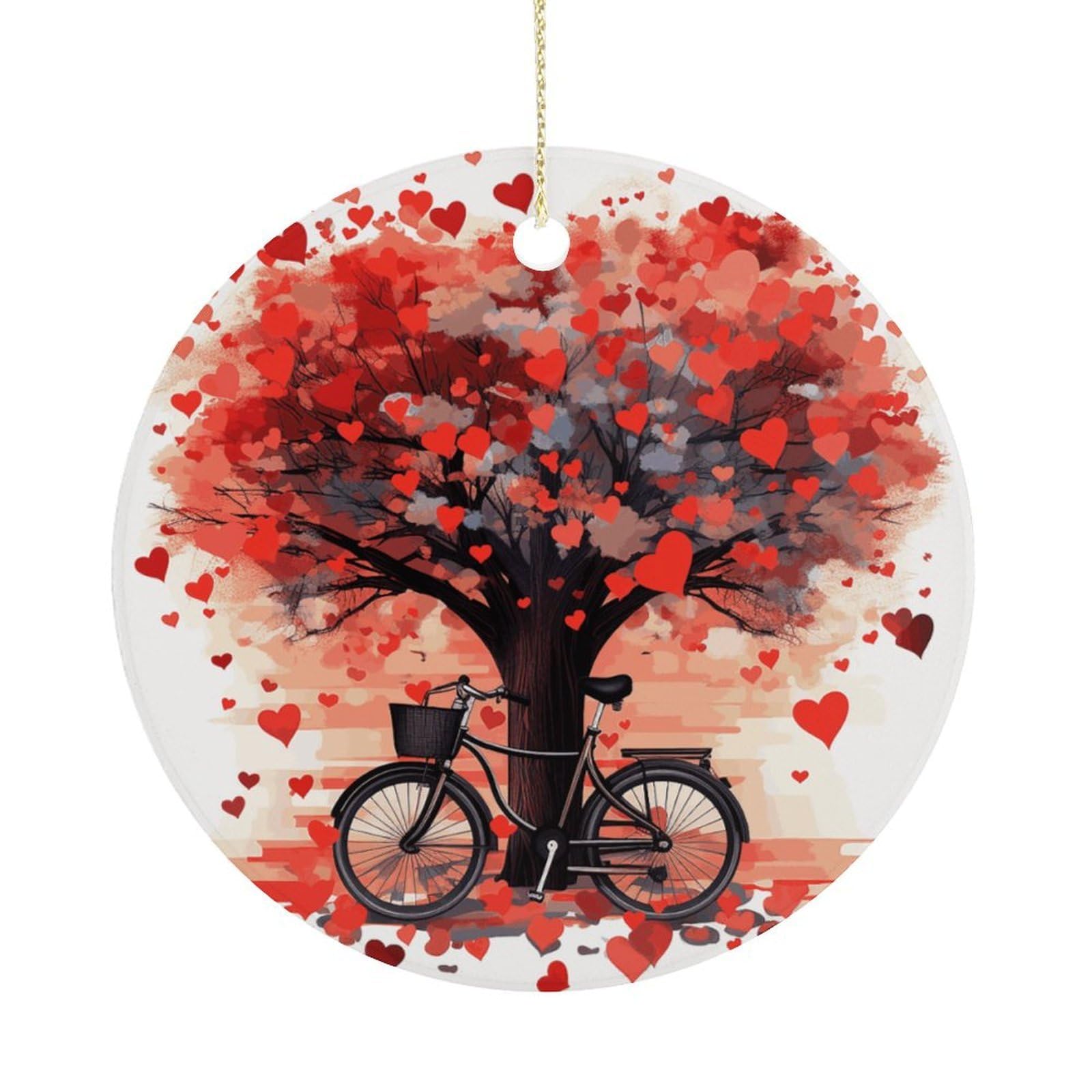 Heart Tree Bicycle Christmas Ornaments Colorful Round Ceramic Ornament Christmas Hanging Decor Christmas Tree Decorations Xmas Keepsake for Women Men Xmas Holiday Party