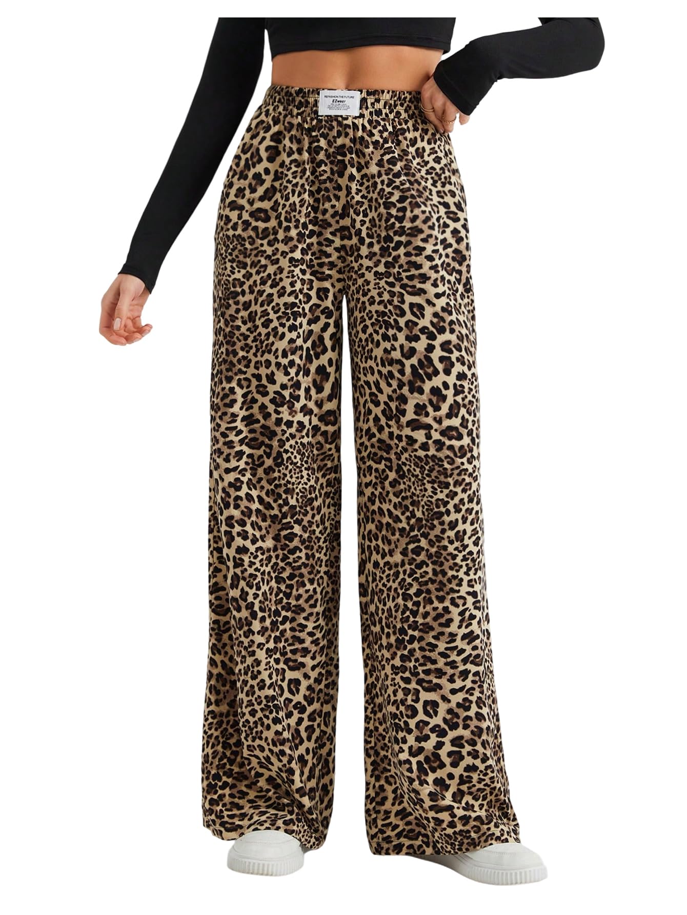 RoseSeek Women's Letter Leopard Print Y2K Straight Elastic Waist Leg Pants