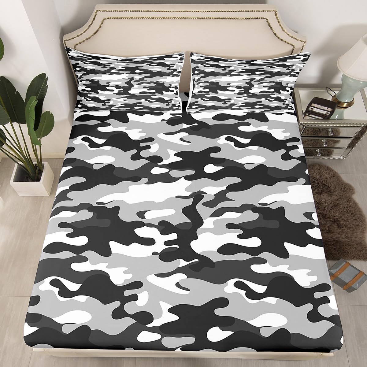 Camouflage Bedding Sets, Black and Gray Camo Decor Fitted Sheet Boys Abstract Graffiti Art Camo Design Fitted Bed Sheets,for Adult Teens Kids Grey
