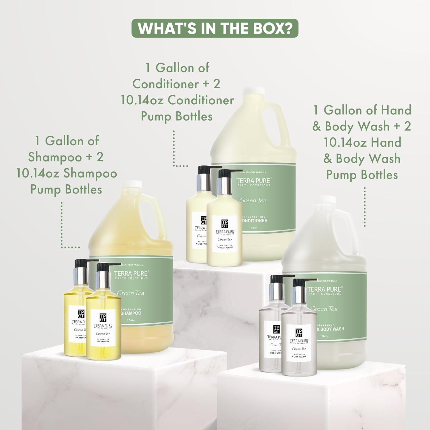 Terra Pure Gallon & Dispenser Set | 1-Shoppe All-In-Kit | Shampoo Conditioner Body Wash Gallon | Refillable 10.14 oz. Matching Pump Bottles - Image 3