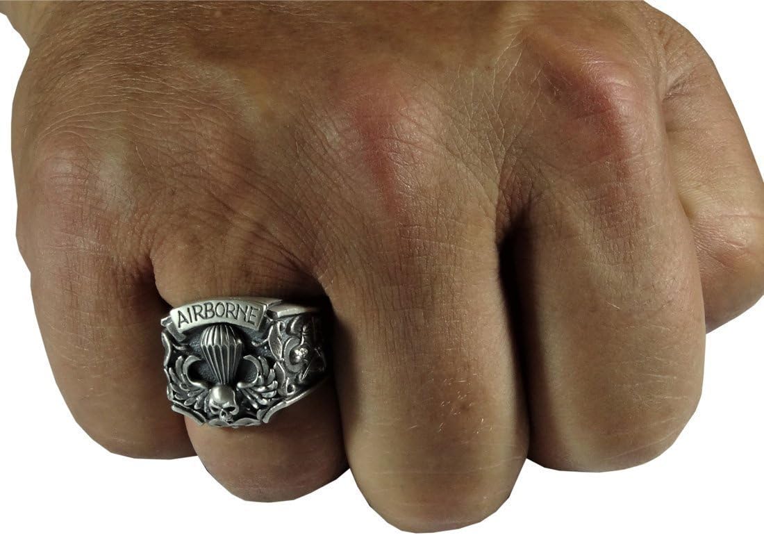 Airborne St Michael US Army Parachutist Jump Wing Skull Biker Sterling Silver 925 Mens Ring