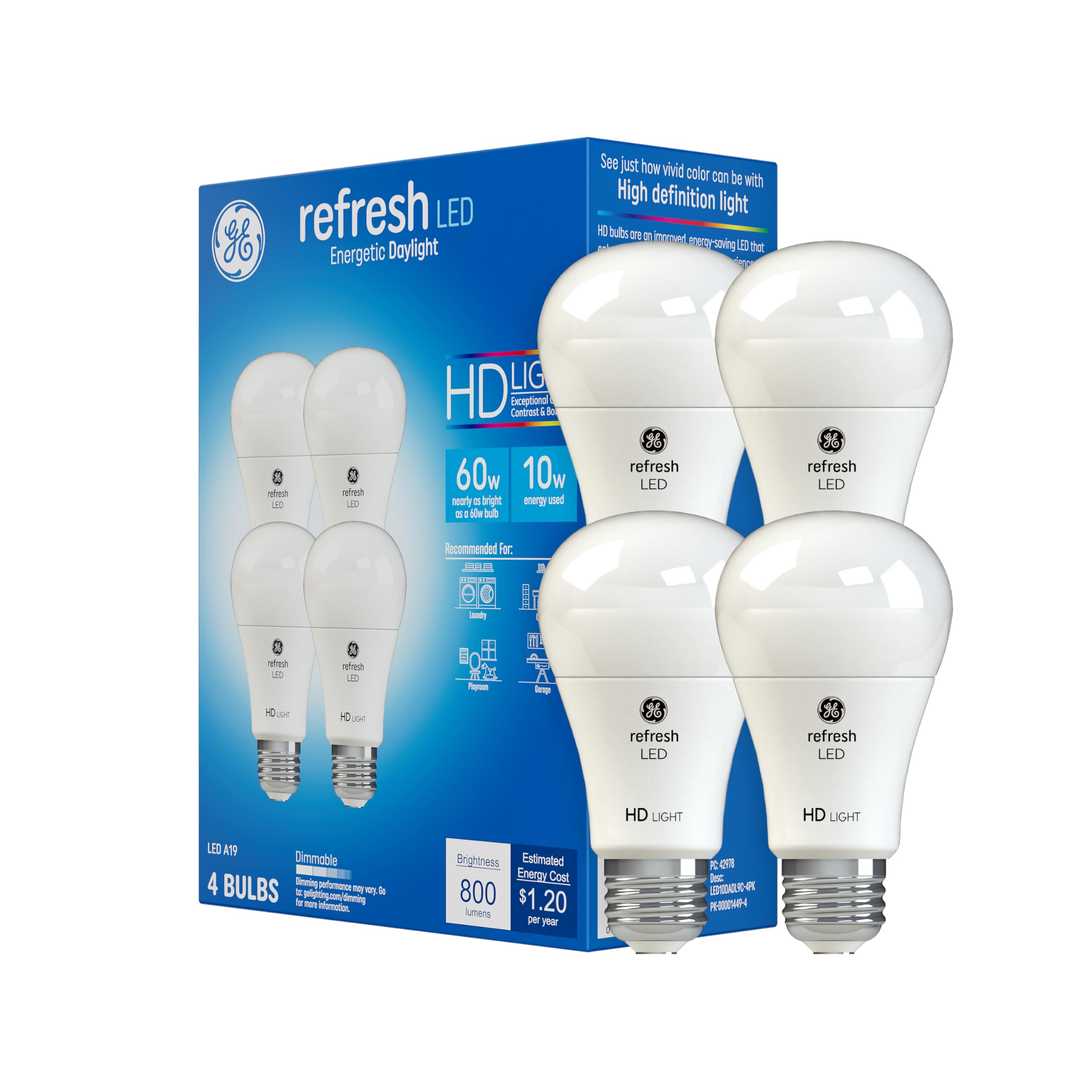 GE Refresh LED Light Bulbs, 10 Watts (60 Watt Eqv) Daylight HD Light, A19 Standard Bulbs (4 Pack)