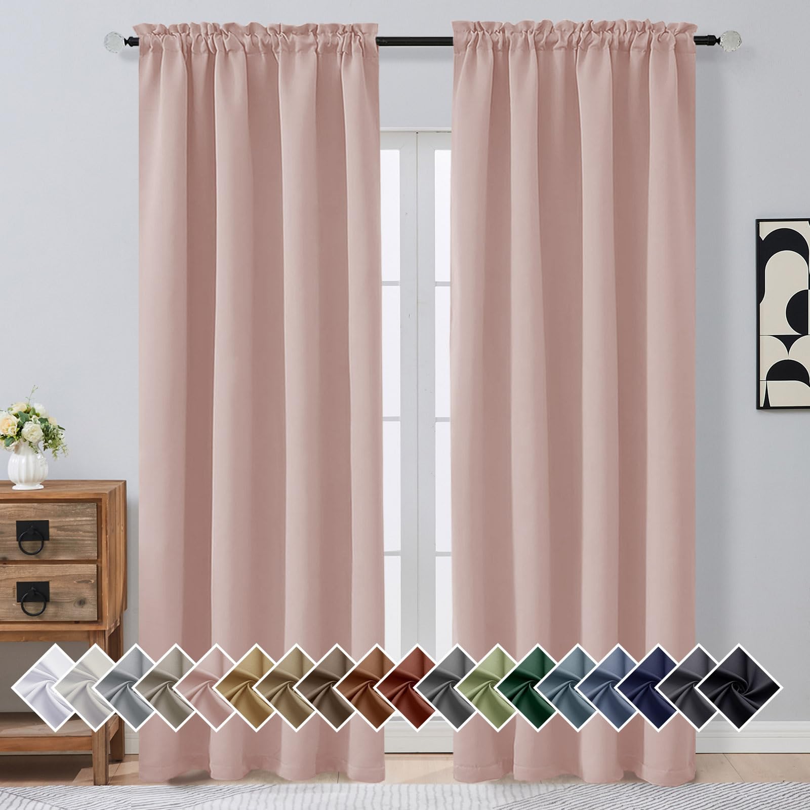 OVZME Blush Pink Blackout Curtains for Bedroom 90 Inch Length 2 Panels, Room Darkening Soft Fabric Curtain Panels for Living Room, Modern Window Treatments Dual Rod Pocket Design, 2x50Wx90L Inches