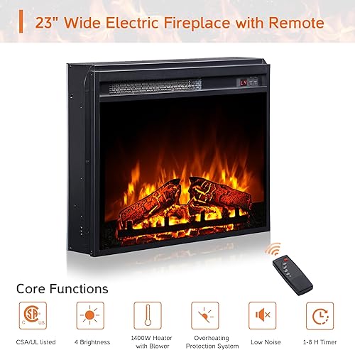 Miniatura 6 de Chimenea eléctrica de 23 pulgadas para soporte de TV, calentador de chimenea empotrado o montado de 1400 W con control remoto y calor, temporizador