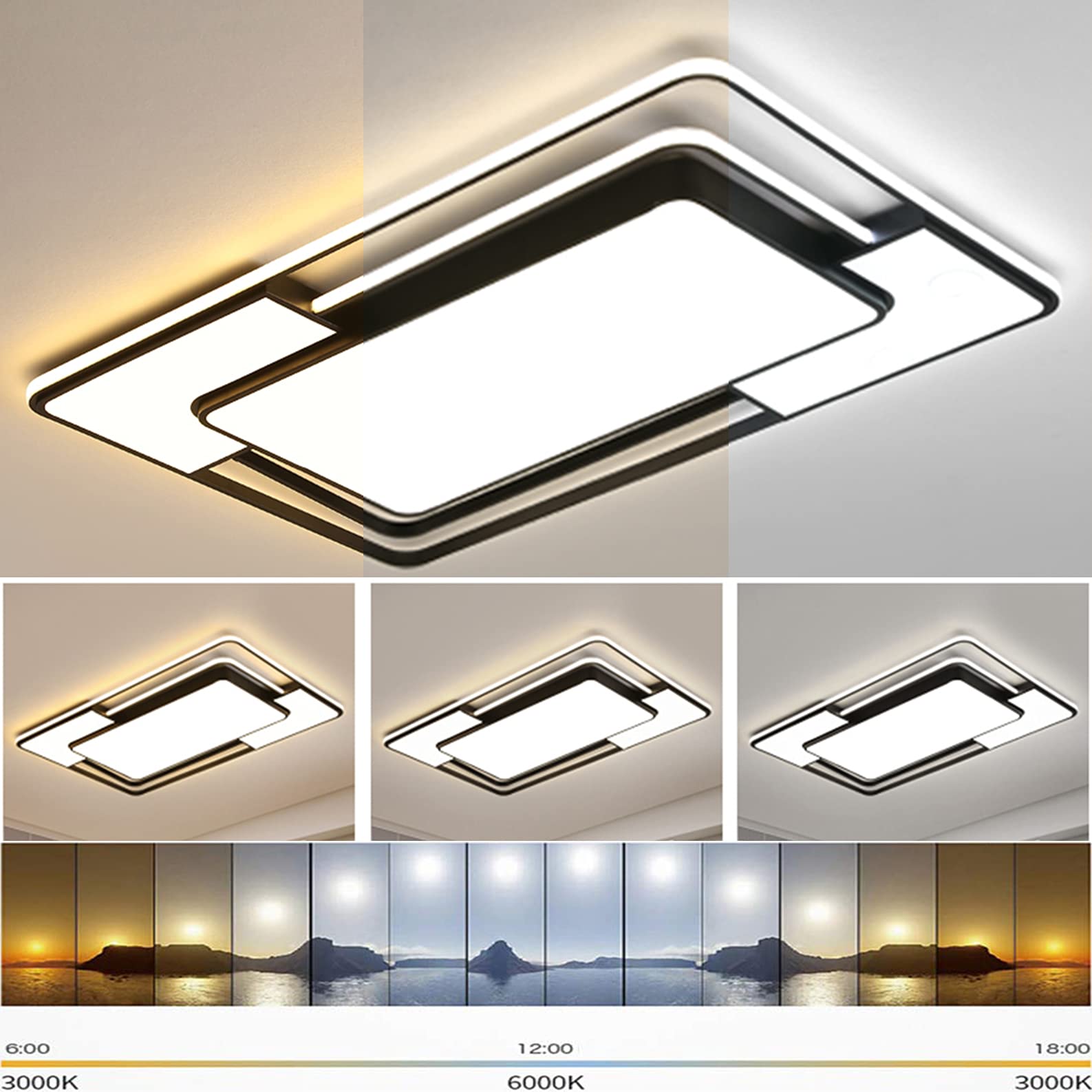 Style home 150W LED Deckenleuchte Deckenlampe dimmbar 90x60x6cm Schwarz | Voll dimmbar mit Fernbedienung 3000K-6000K,Rechteckige Lampe aus Metall, moderne Lampe für Wohnzimmer Schlafzimmer Büro Küche