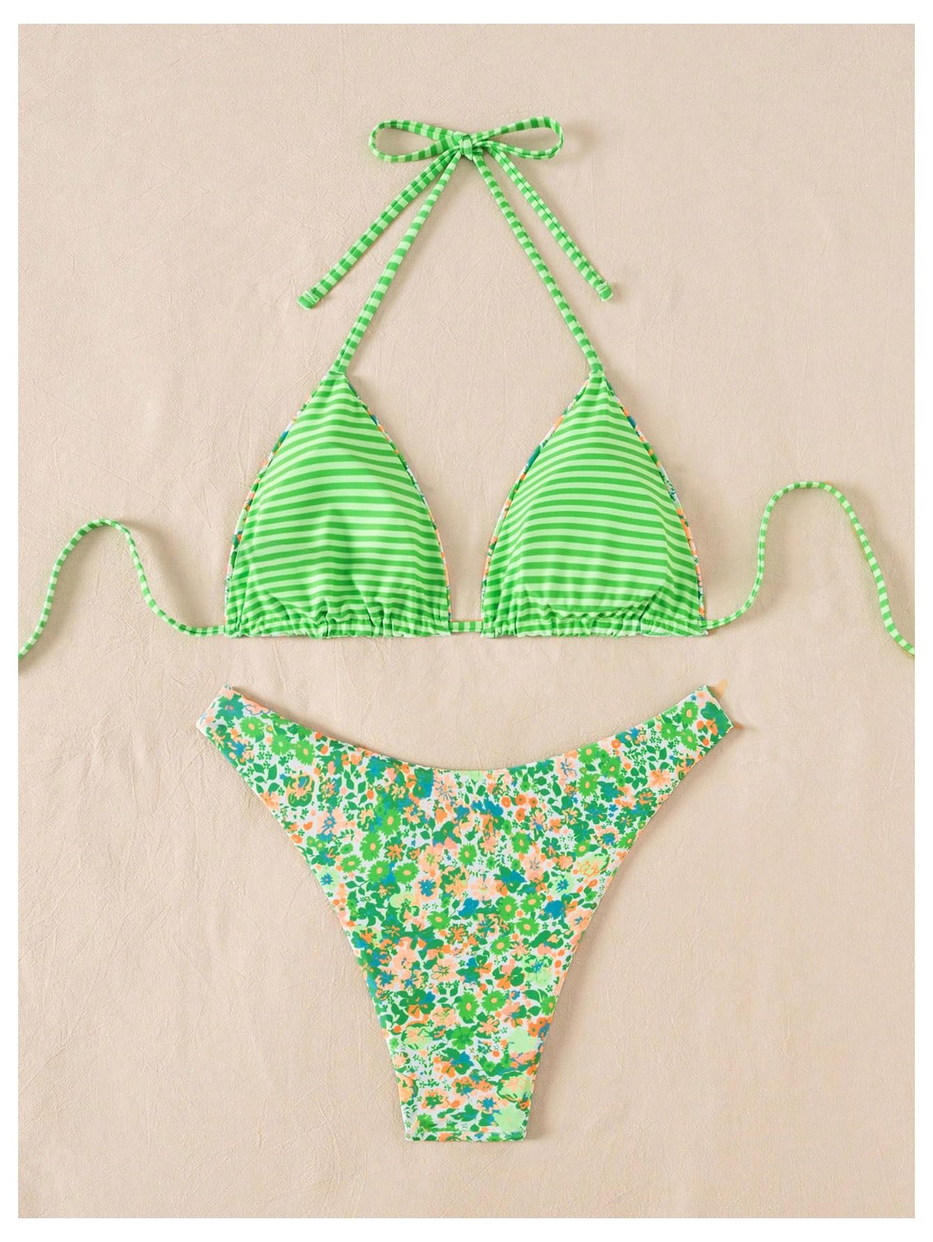 Damski Dwuczęściowy Zestaw Bikini W Kwiaty Paski Halter Stringi Strój Kąpielowy Z Wysokim Stanem Gorący Różowy Mały
