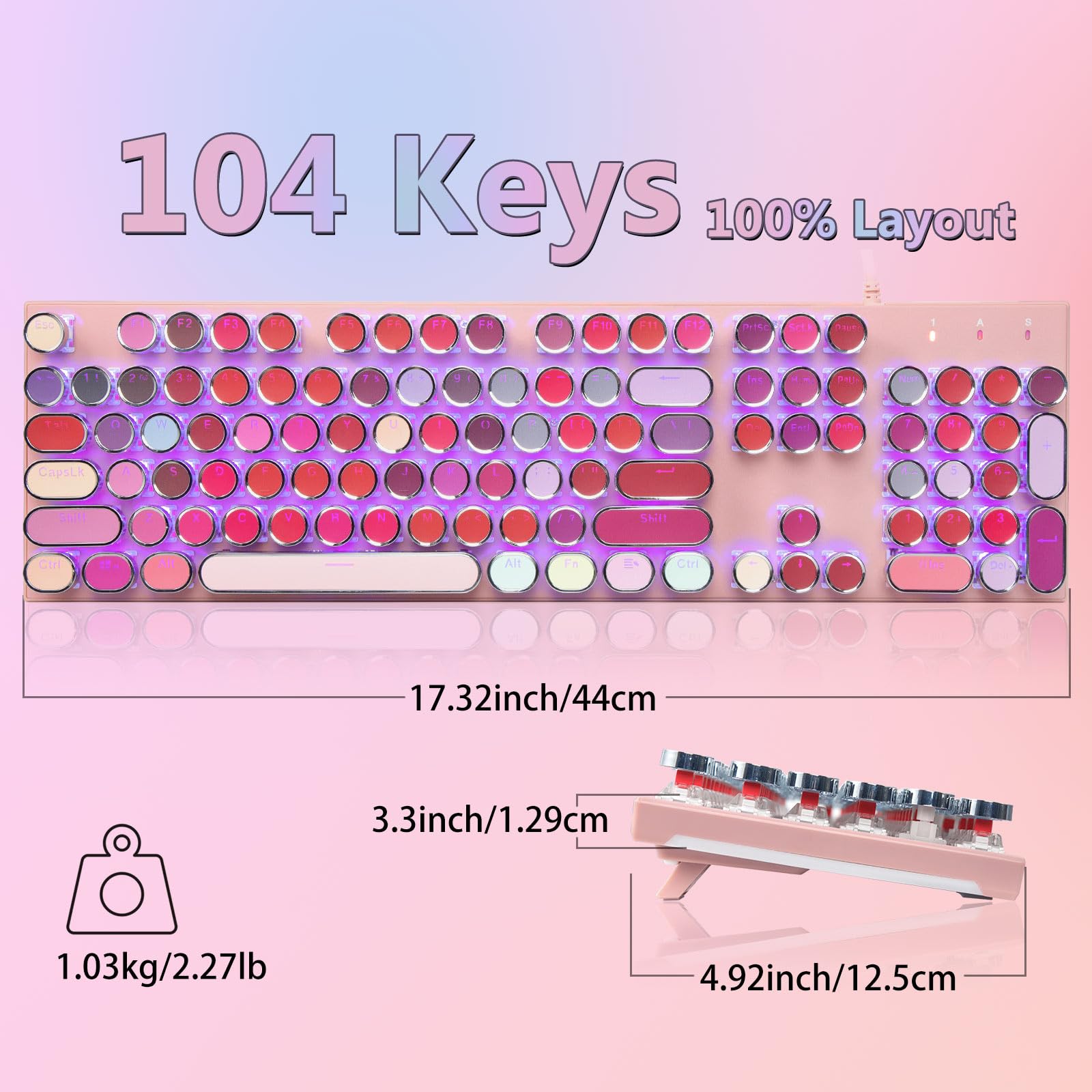 HUO JI - Teclado mecánico para juegos con luz lateral RGB y retroiluminada arcoíris, estilo retro, interruptores rojos, panel de metal, lápiz labial, 104 teclas para Mac, PC, lindo rosa