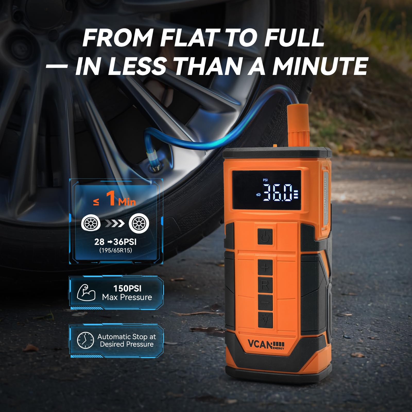 Jump Starter with Air Compressor, VCANENERGY Roadside Emergency Car Kit with 12V Portable Battery Jump Starter & Tire Inflator for Cars, Trucks, SUVs-Car Emergency Kit for Women, Men, Teen