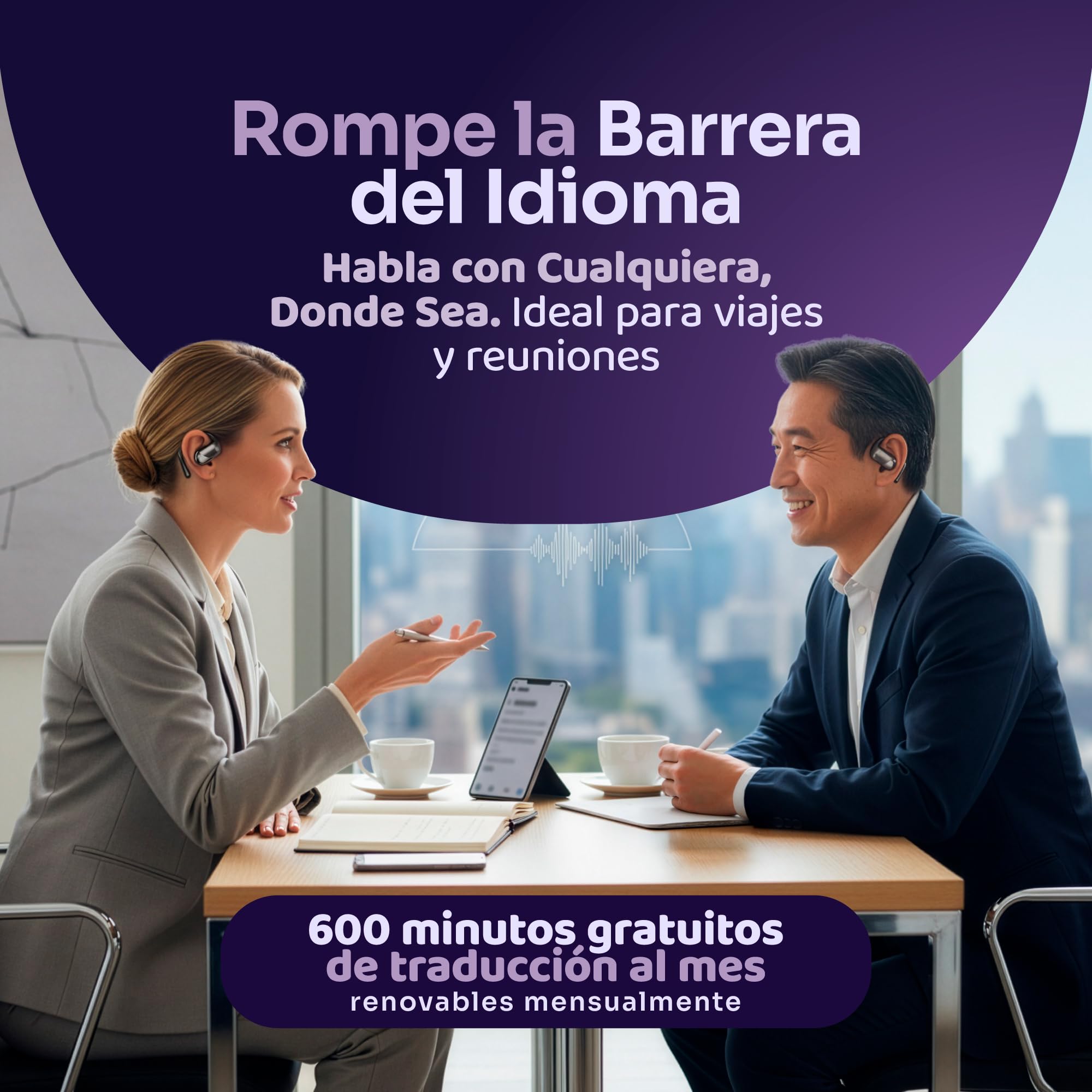 Auriculares Traductor en Tiempo Real con IA - Traductor Instantáneo de Voz para 144 Idiomas - Dispositivo Traductor de Oído Abierto 3 en 1 con Estuche de Carga para Viajes/Negocios/Aprendizaje.