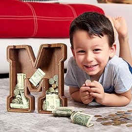 Summidate Customized Name Large Wooden Piggy Bank for Kids Boys Girls Alphabets Letter A-Z Coins Bills Money Change Bank Box Initial on Clear Cover (Laser Engraved) (Alphabet-M, Personalized-12)