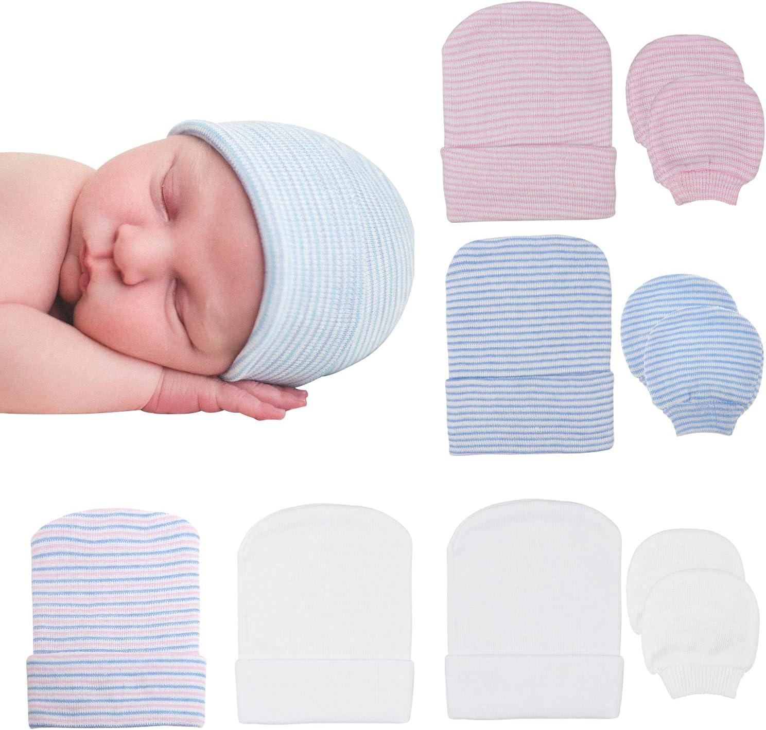 BQUBO Newborn Baby Caps Mittens for Baby Girls Baby Hats Scratch Mitten Gloves Set Soft Hospital Hat Infant Hats with Bow