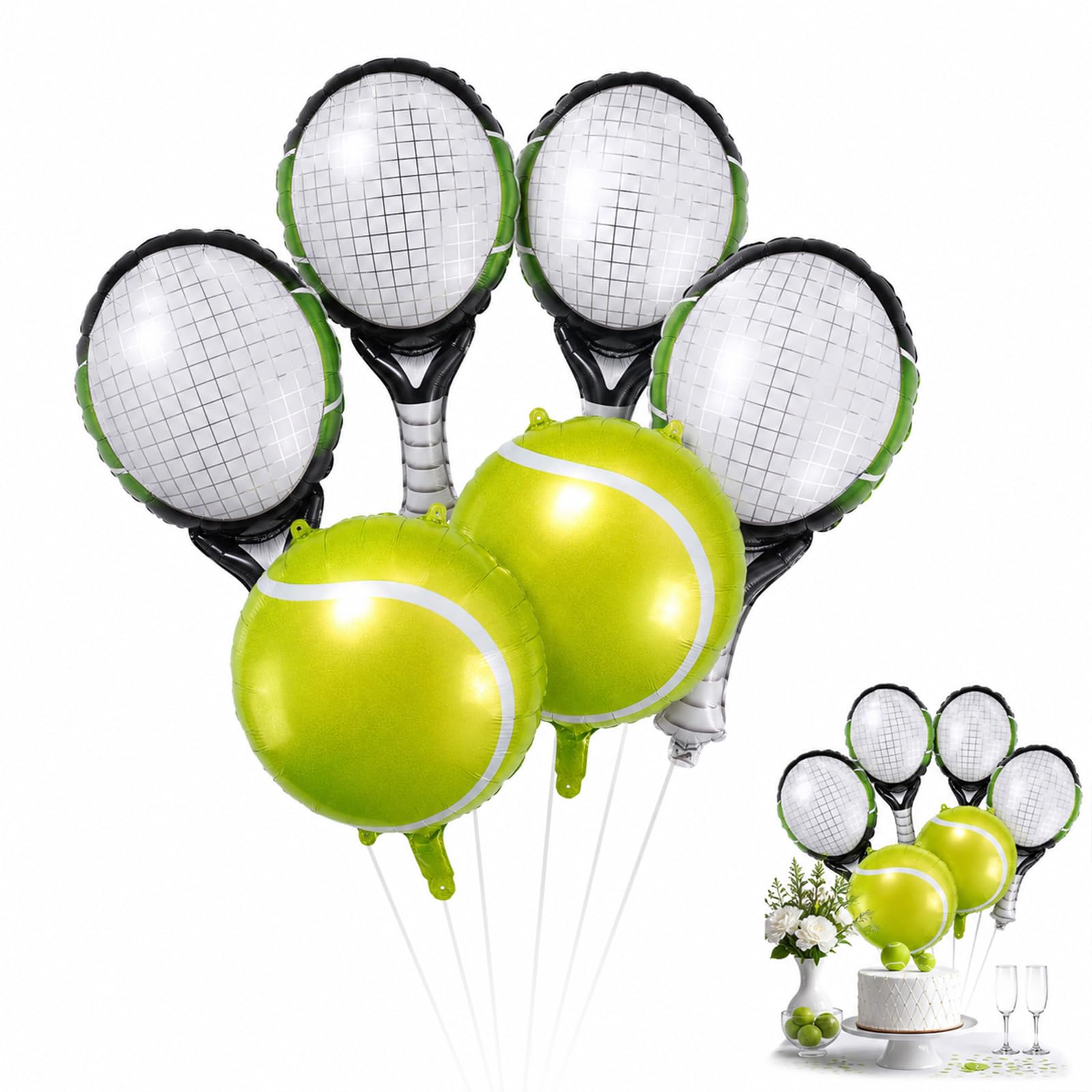 Solvind 6Pcs Tennis Party Balloons Set, 18inch Tennis Ball & Racket Foil Balloons, Sports Themed Decorations for Celebrations Events Photo Props