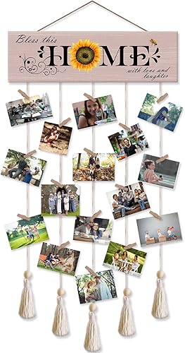 Expositor de fotos colgante de madera de estilo rústico vintage para colgar en la pared con 16 clips, marcos de fotos múltiples, decoración de