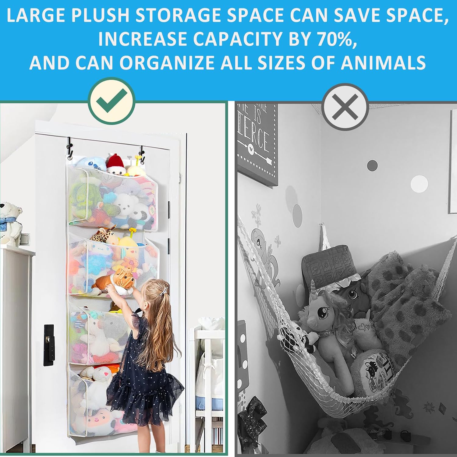 Toread Upgraded Over the Door Stuffed Animal Organizer – Adjustable No-Damage Hooks, 3D Design with 50% More Capacity, for Plushies, Stuffed Animals & Toy Storage