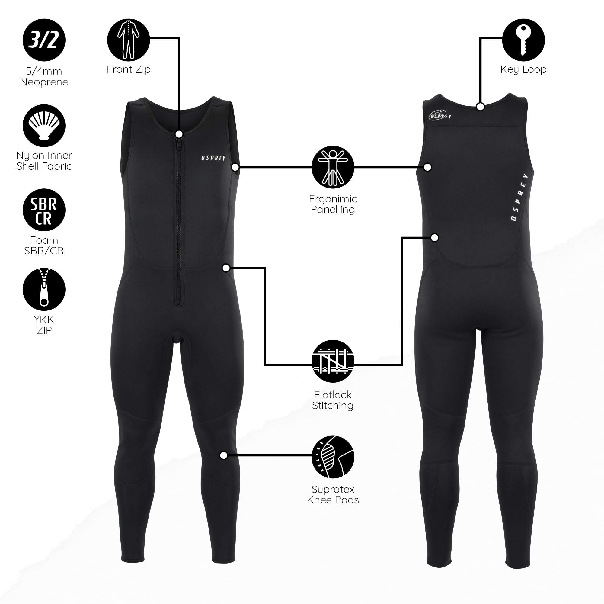 Osprey Traje de Neopreno sin Mangas para Hombre de 3 mm de Largo con Cremallera Frontal y Paneles ergonómicos, sin Manga, para Deportes acuáticos, Paddleboarding, Vela