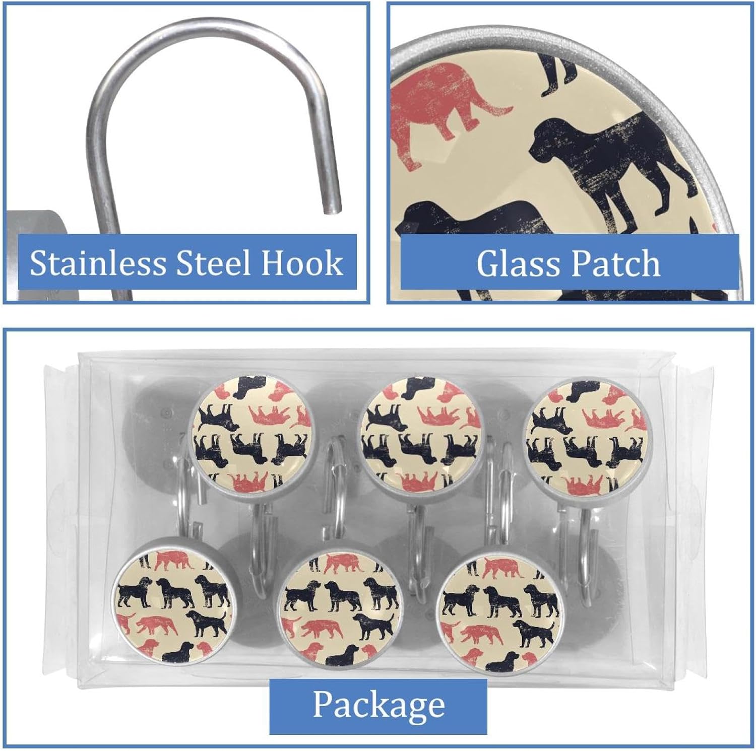 Set of 12 Shower Curtain Hooks, Shower Curtain Rings Crystal Glass Decorative Bathroom Hook, Doggy