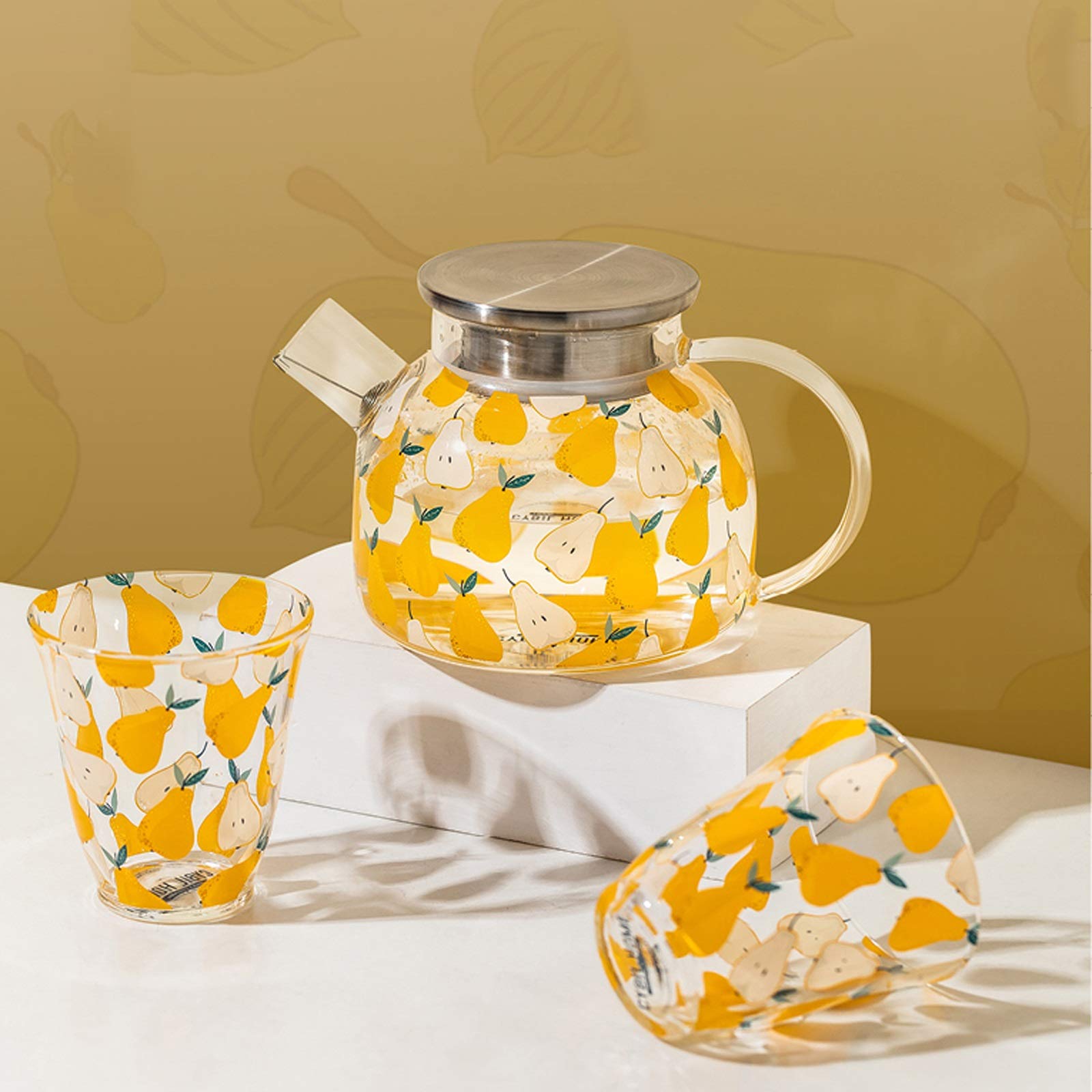 Pichet Théière en Verre Mignonne avec poignée avec mélange de Couvercle Boissons pichet d'eau for Chaude/Froide Limonade Juce Boisson JAR Bouillée à thé glacée (33 oz) Pichets